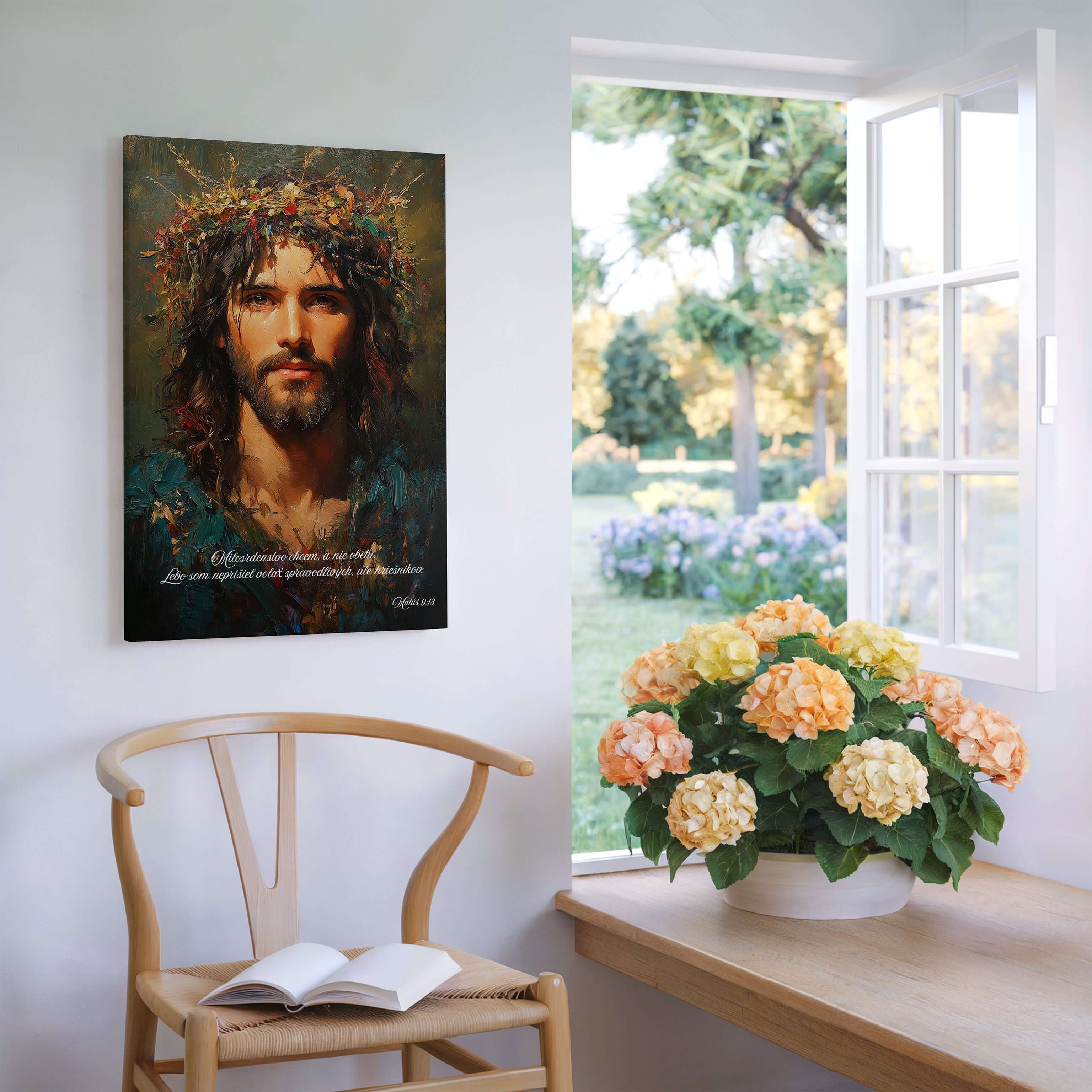 obraz na stenu s vyobrazením Ježiša Krista a kvetmi v slnečnej miestnosti
