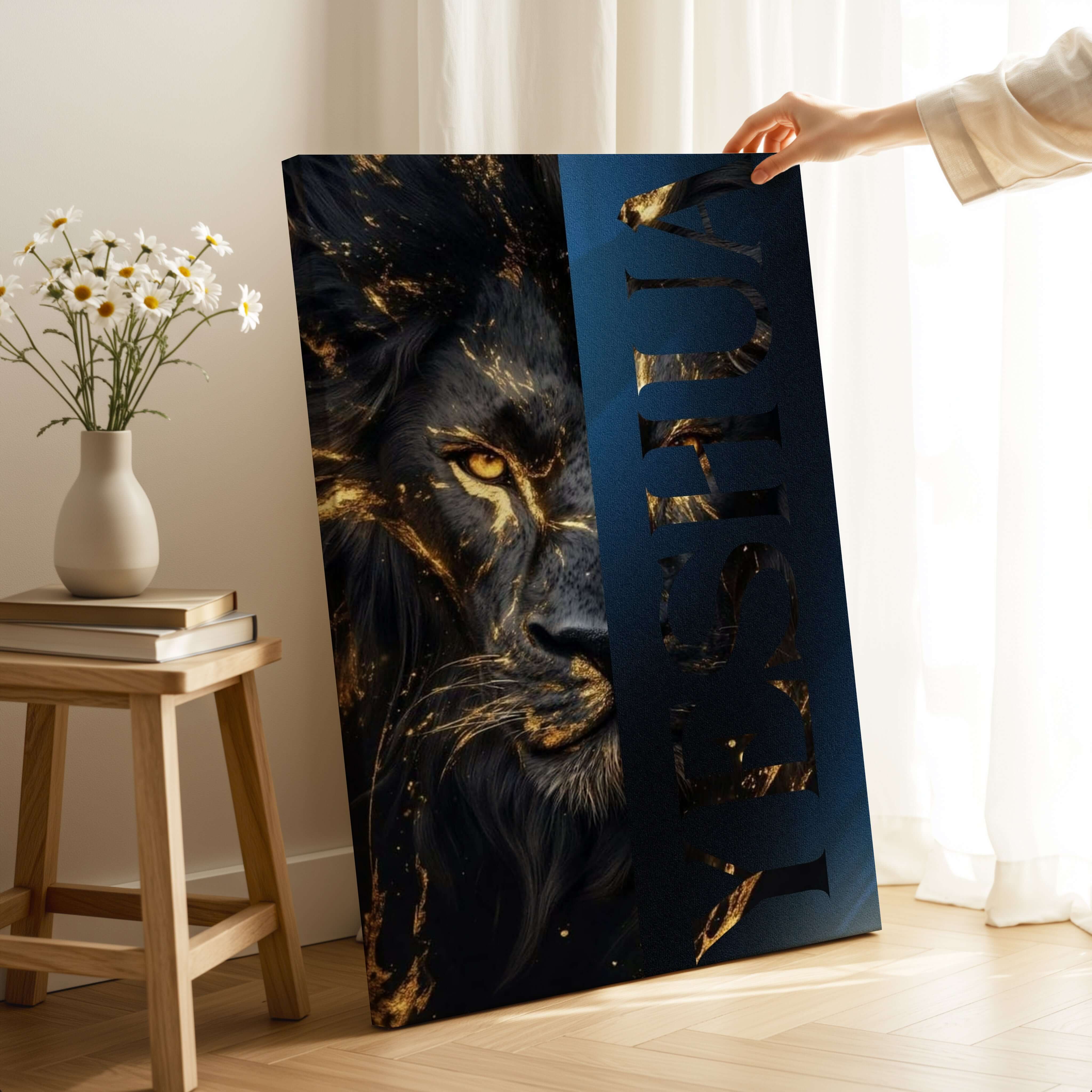 Obraz na stenu - Yeshua, Lev z Judu, umelecké dielo s biblickým symbolom majestátu a sily.