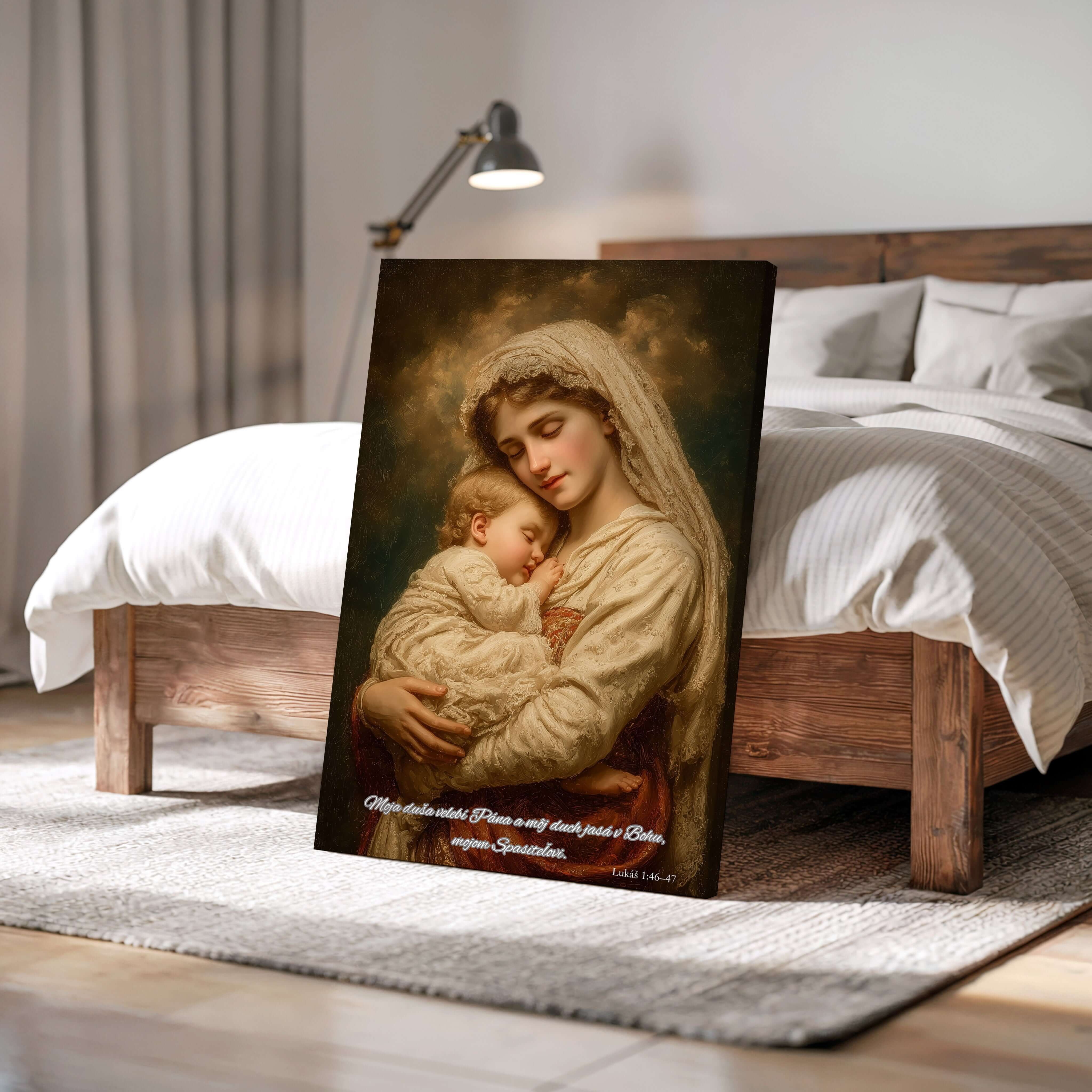Pokojné umelecké dielo s matkou a dieťaťom, oslavujúce Boha – Lukáš 1:46–47