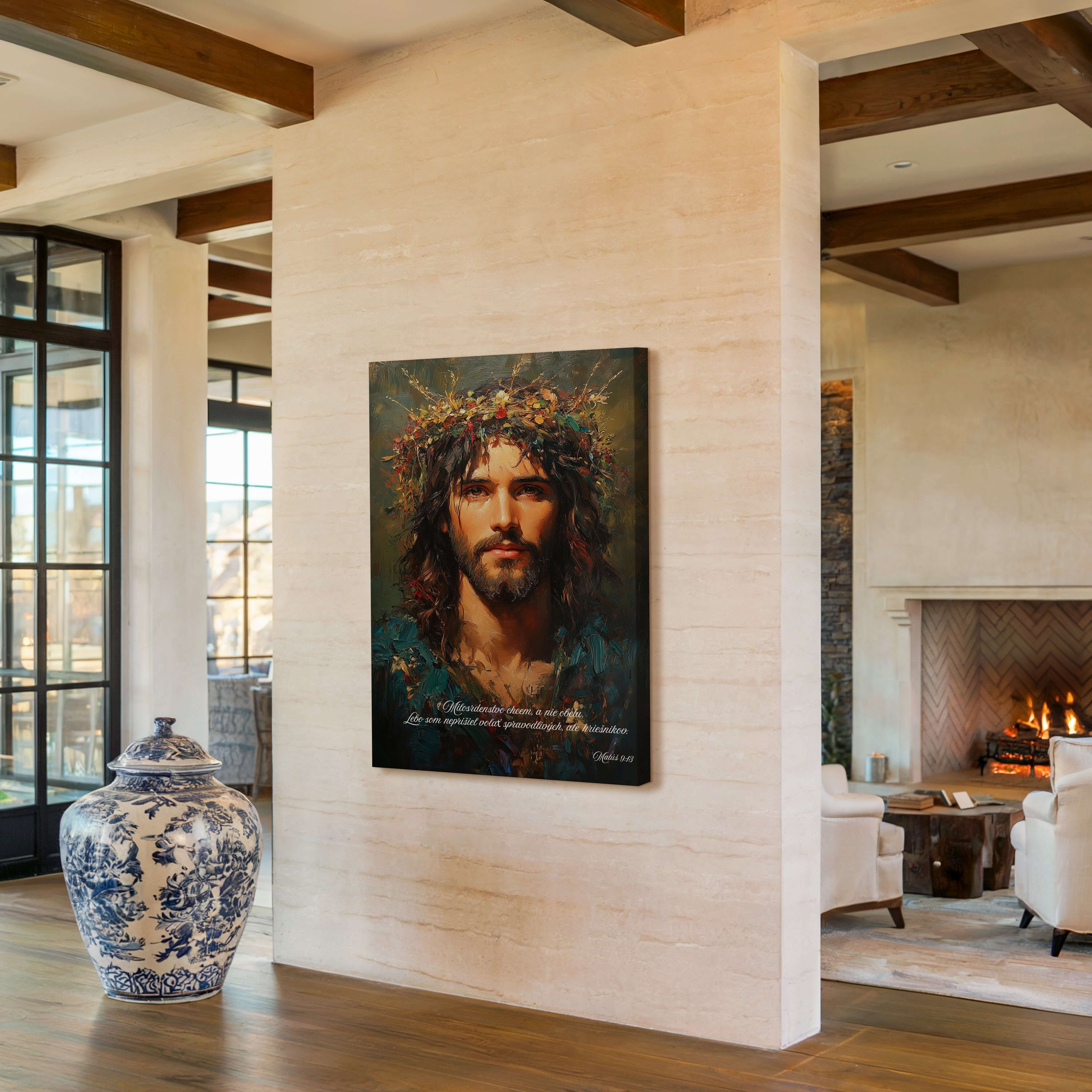 Obraz na stenu - Milosrdenstvo chcem, a nie obetu - Matúš 9:13 zobrazený v modernom interiéri.