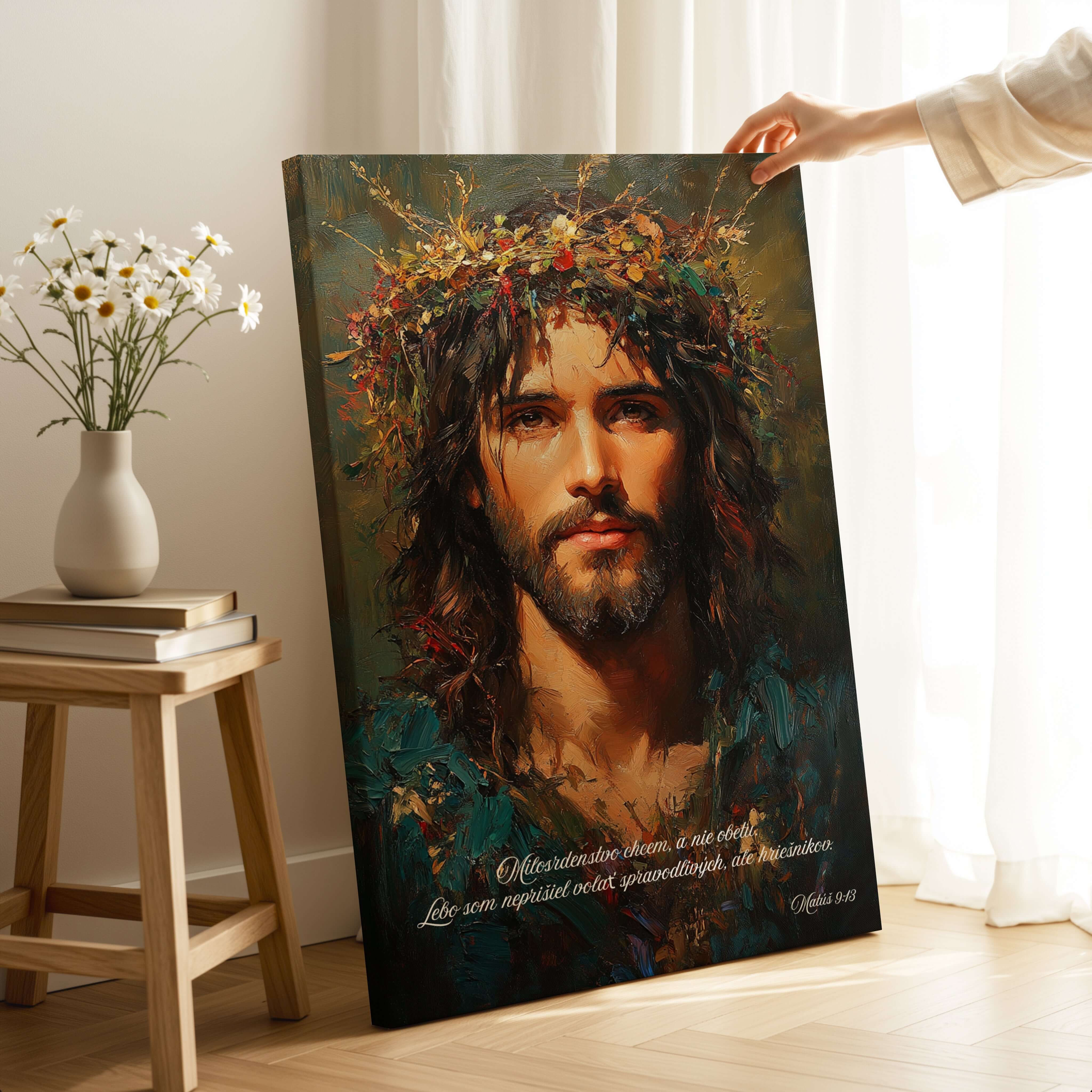 Obraz na stenu - Milosrdenstvo chcem, a nie obetu - Matúš 9:13 na stene s Ježišom Kristom.