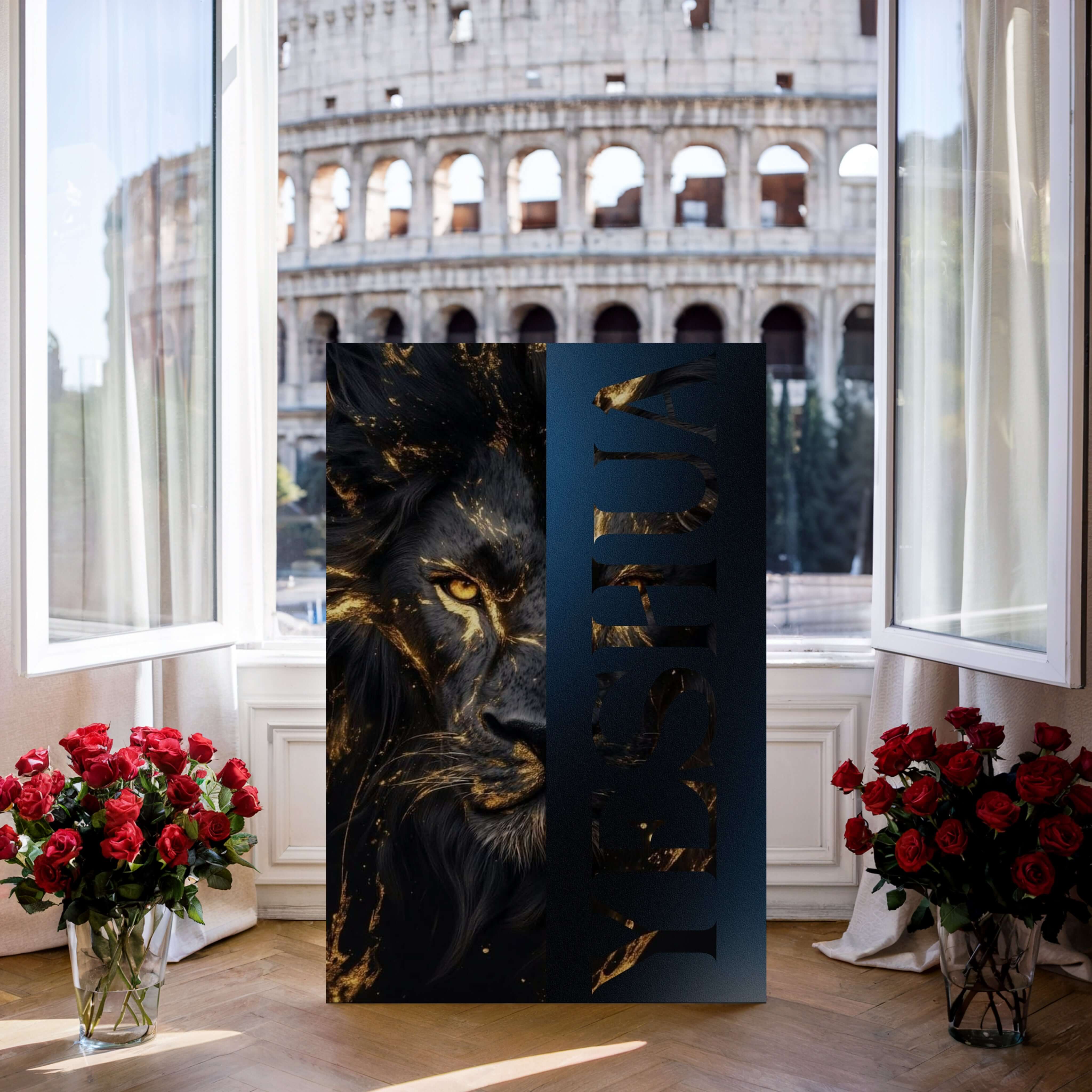 Obraz na stenu - Yeshua s levom z Júdova v okne s červenými kvetmi a Rímskym koloseom v pozadí.