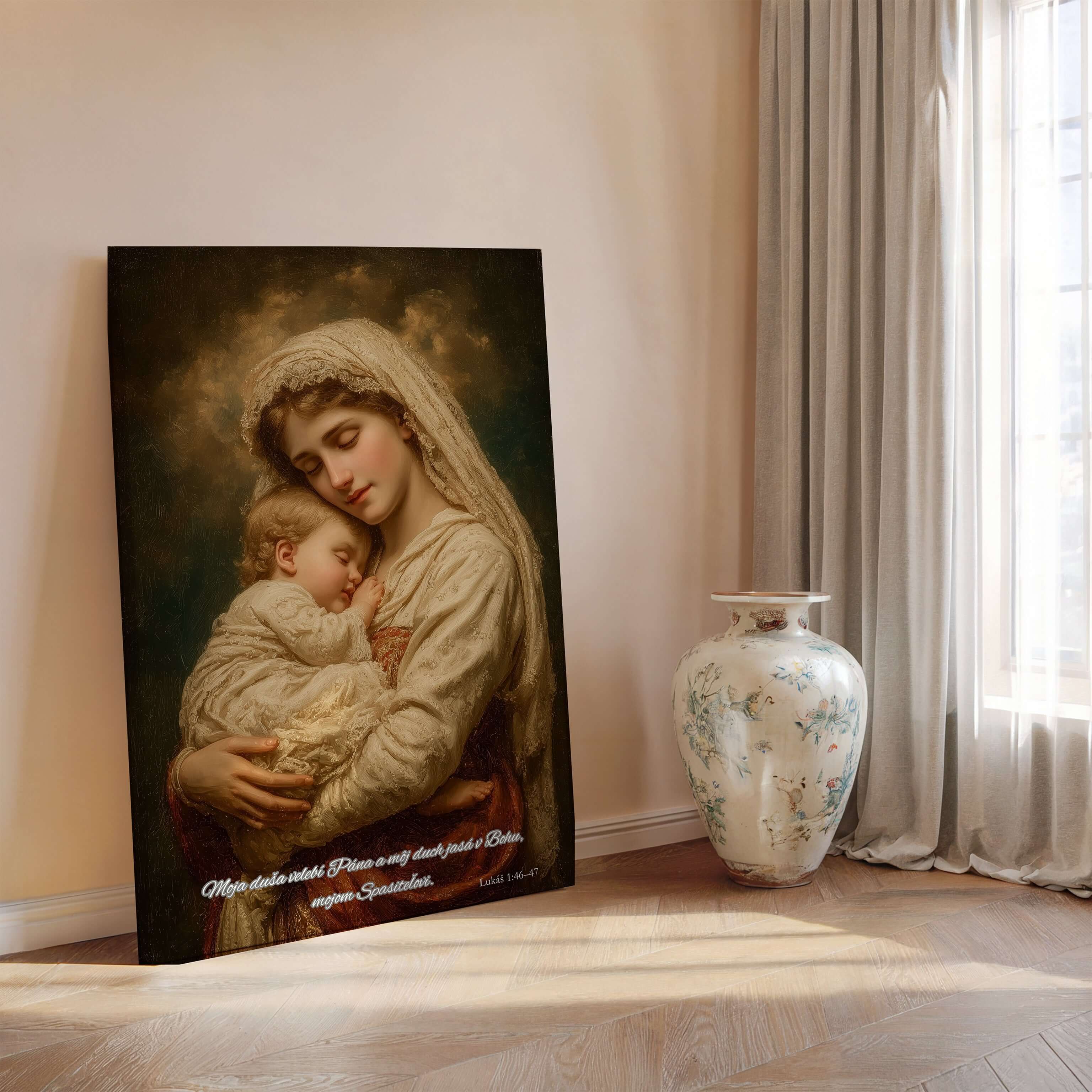 Plátno s Pannou Máriou, ktoré oslavuje Boha prostredníctvom biblického verša.