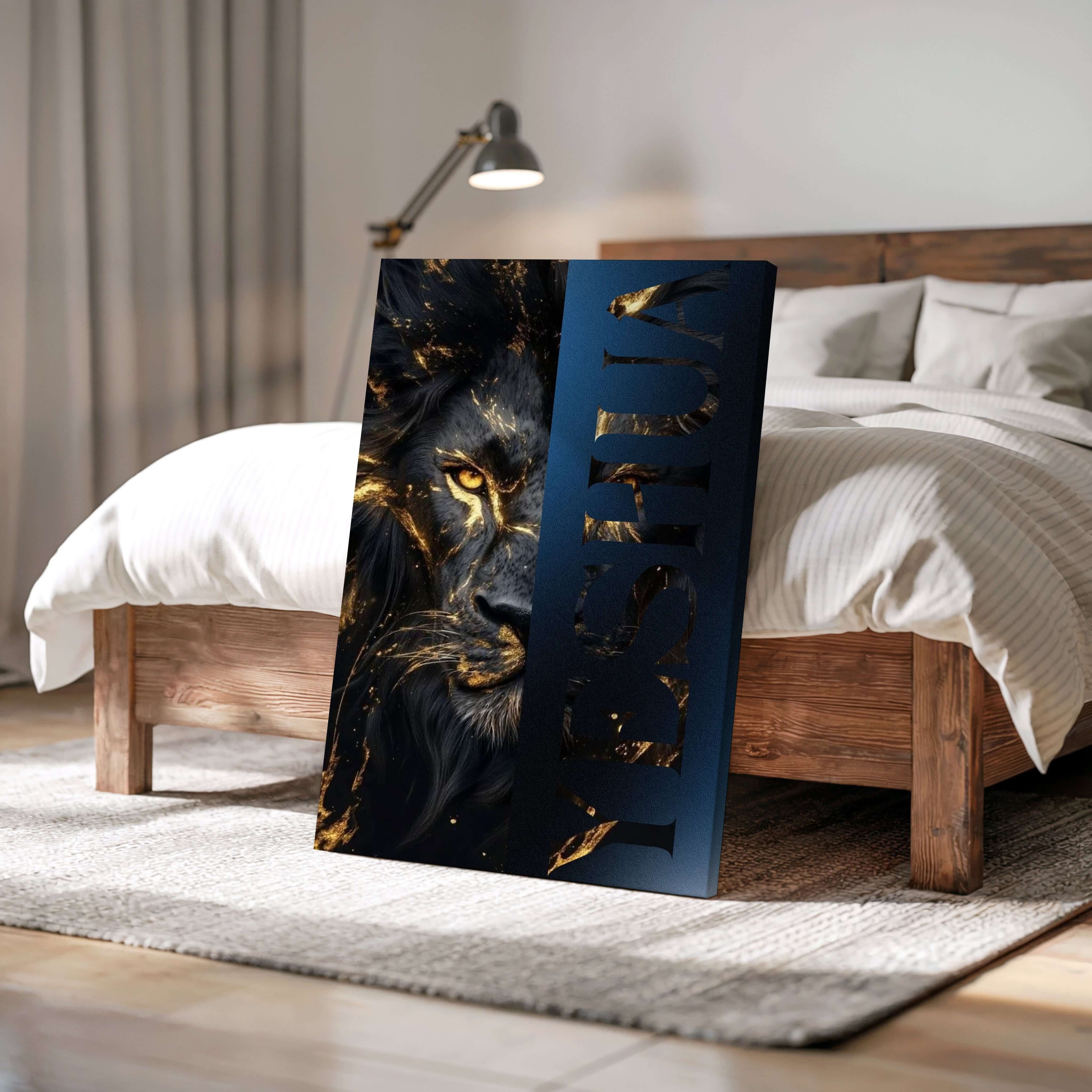 Obraz na stenu - Yeshua, Jezus Lev z Judu, umelecké dielo s majestátnym levom a textom.