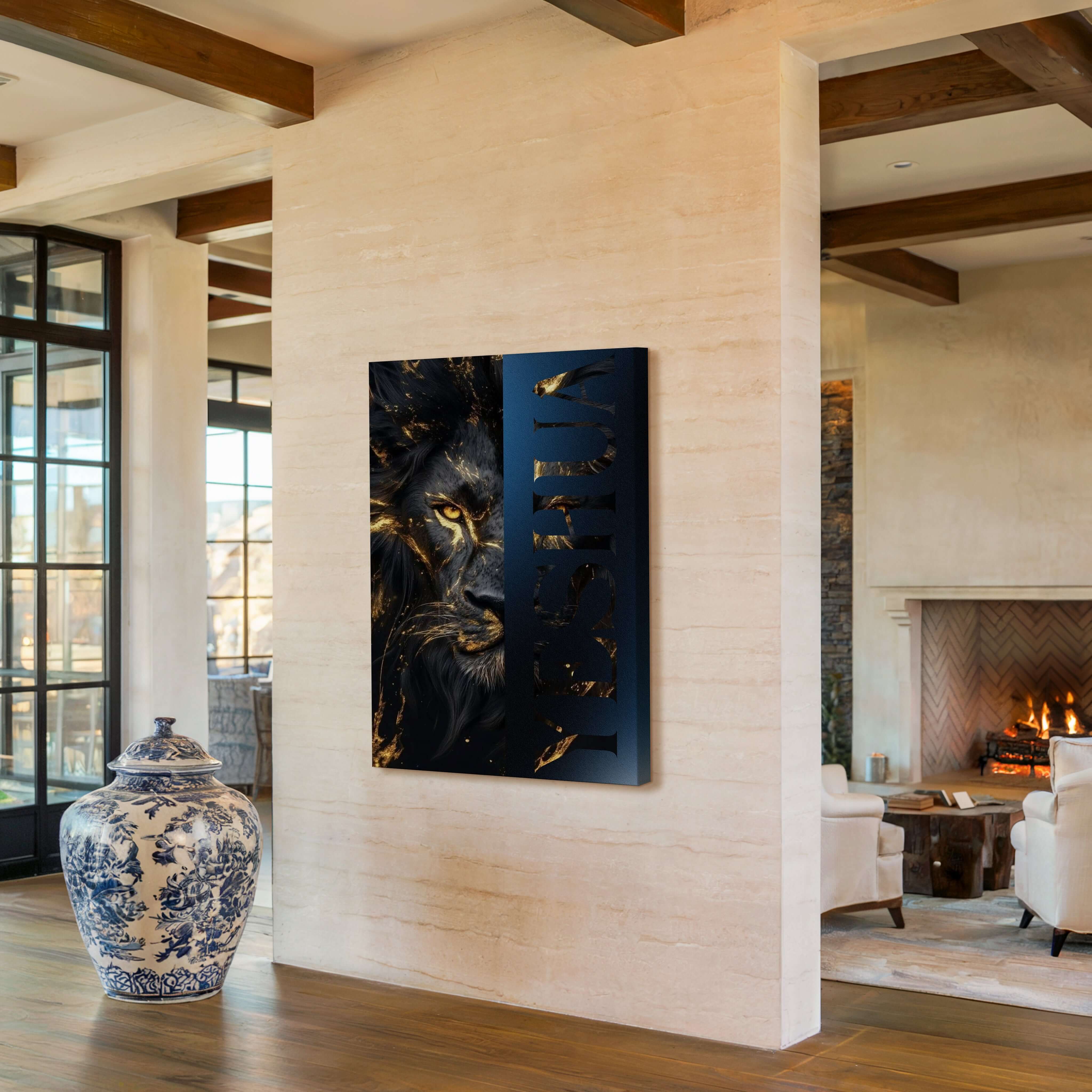 Obraz na stenu - Yeshua s levom z Júdy, majstát a víťazstvo Ježiša Krista v modernom interiéri.