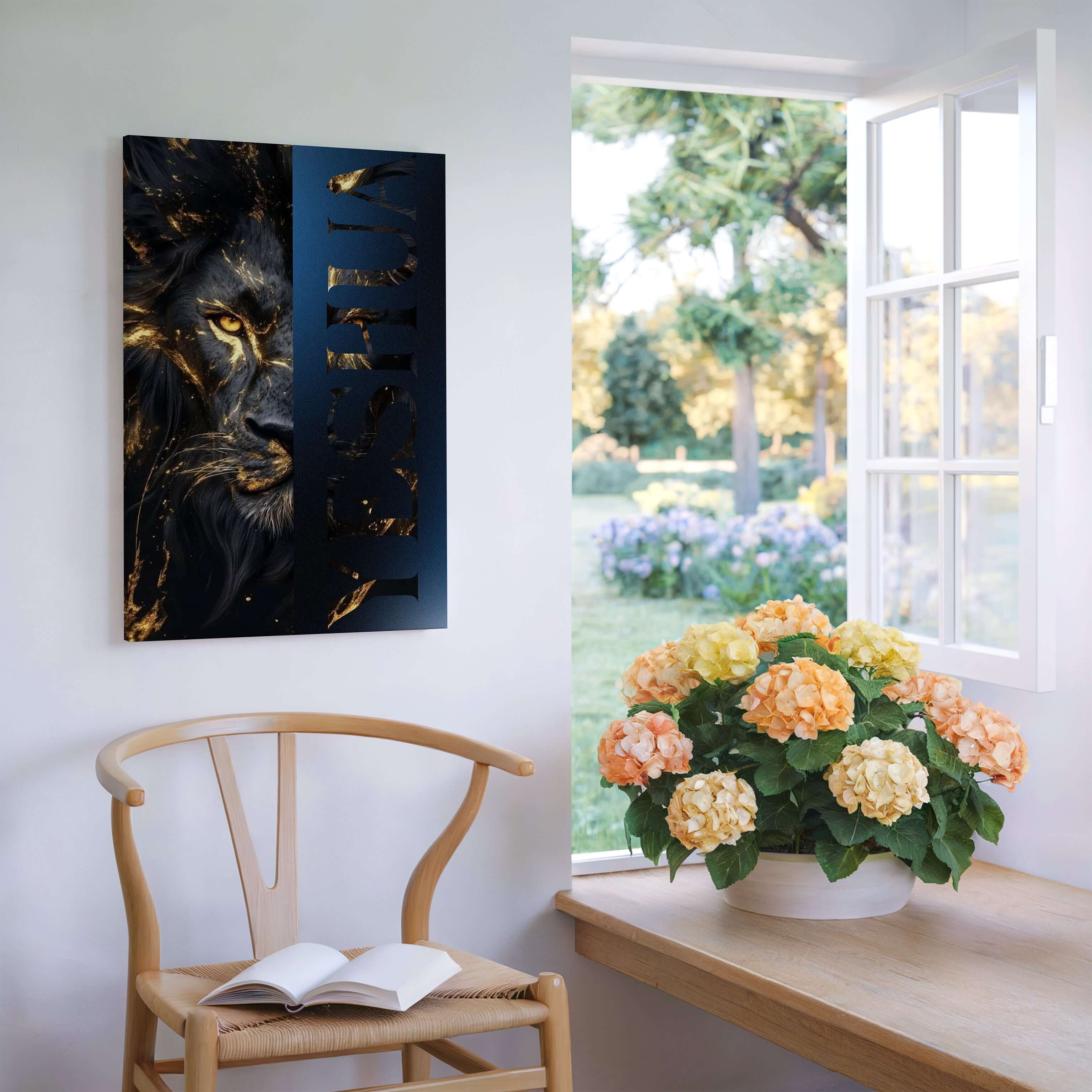 Obraz na stenu - Yeshua, Ježiš Lev z Judu, umelecké dielo zobrazuje biblického leva v interiéri.