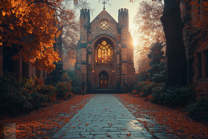 Historický gotický kostol obklopený jesennými stromami – symbol náboženstva a duchovného hľadania