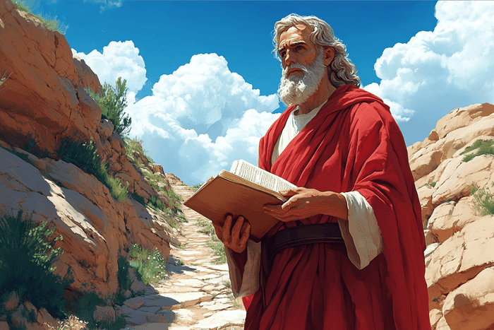 Biblický prorok na púšti držiaci Božie slovo – symbol pravdy, múdrosti a zjavenia Písma