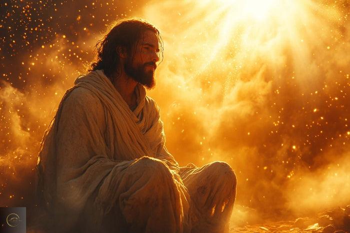 „Ježiš sedí v modlitbe uprostred ohnivého neba, obklopený Božou slávou počas pôstu na púšti.“