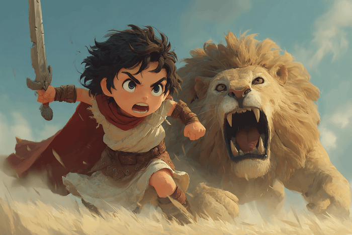 kral david bojuje proti levovy