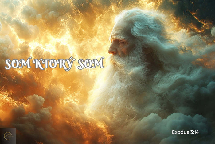 „Boh v nebeskej sláve obklopený svetlom a oblakmi – umelecké znázornenie Boha s textom 'KTO SOM'“