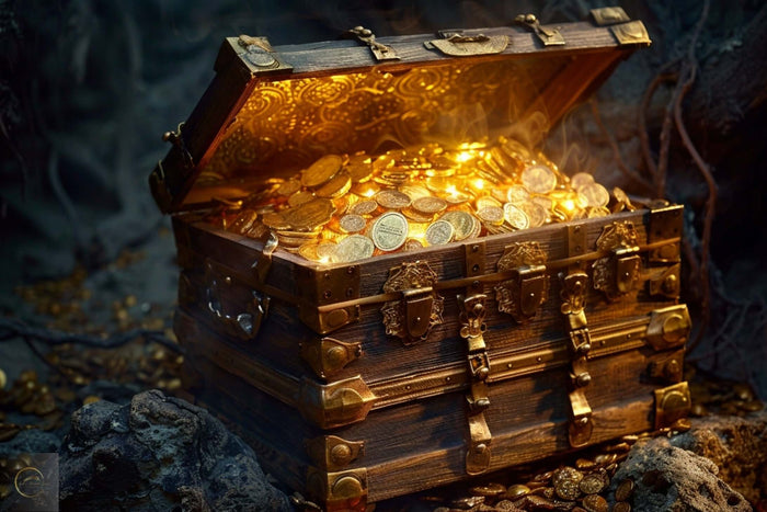 Otvorená truhlica plná zlata a drahokamov – symbol bohatstva, peňazí a pokušenia