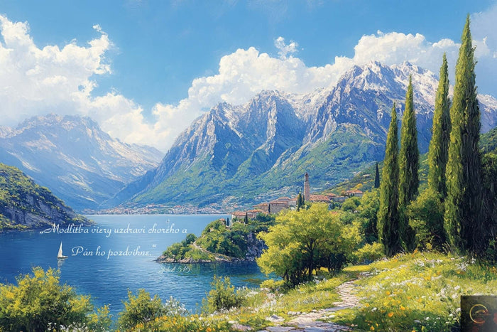 „Pokojná biblická krajina pri jazere s horami – inšpiratívny náboženský obraz pre blog o modlitbe“