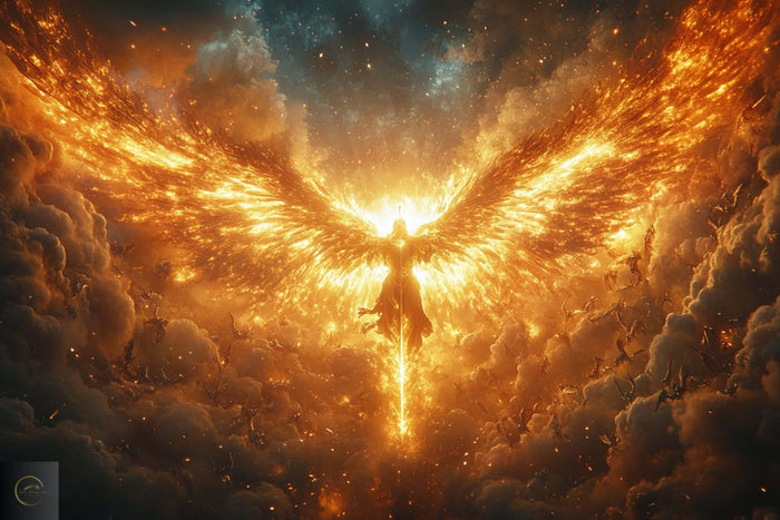 Nebeský anjel so žiarivými zlatými krídlami v ohnivom svetle – symbol Božieho posla
