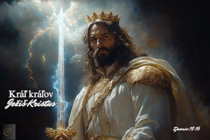 Ježiš Kristus ako Kráľ kráľov v zlatom rúchu a korunou – nebeský výjav Jeho slávy a moci