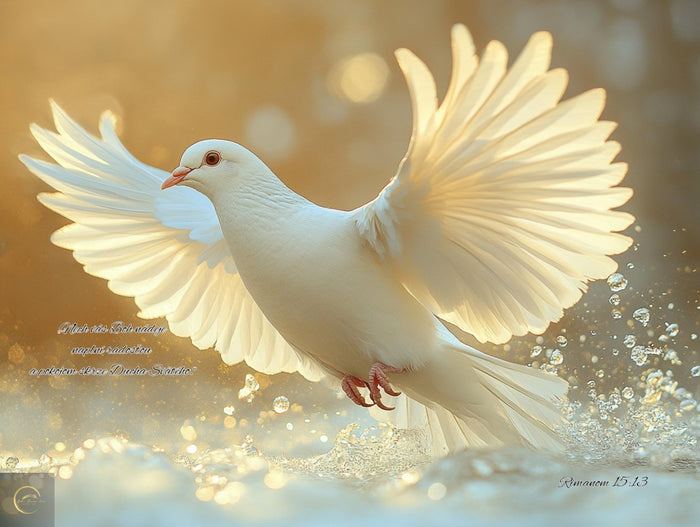 Biela holubica letí vo svetle – symbol Ducha Svätého a Božej prítomnosti.