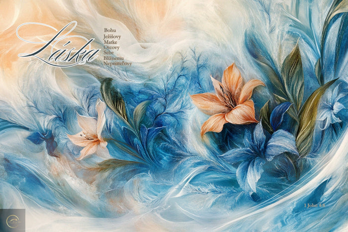 „Abstraktné biblické umenie s modrými a oranžovými kvetmi symbolizujúcimi lásku, pokoj a Božiu prítomnosť“