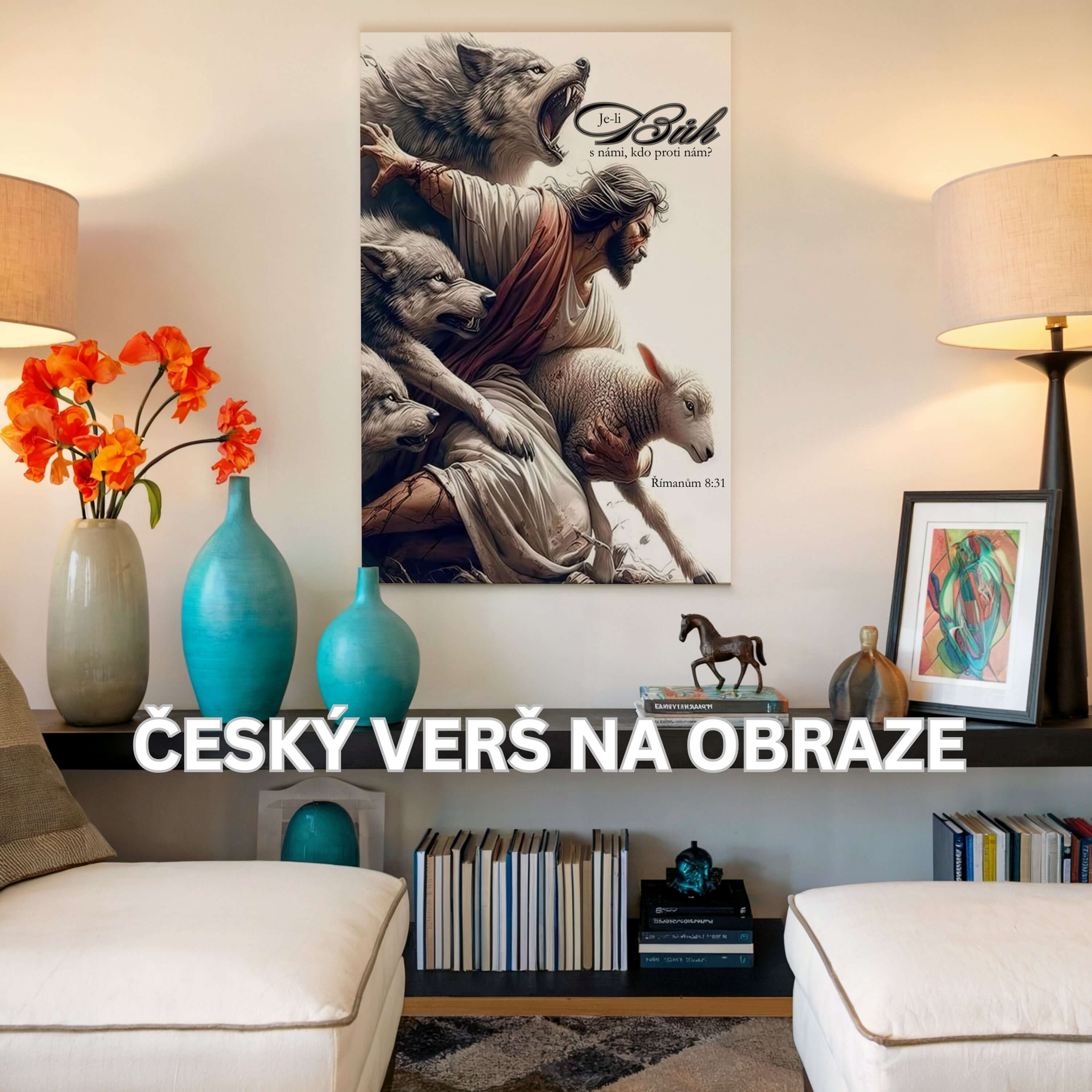 Obraz na stenu s motívom verša "Ak je Boh za nás, kto je proti nám?" v modernom interiéri.