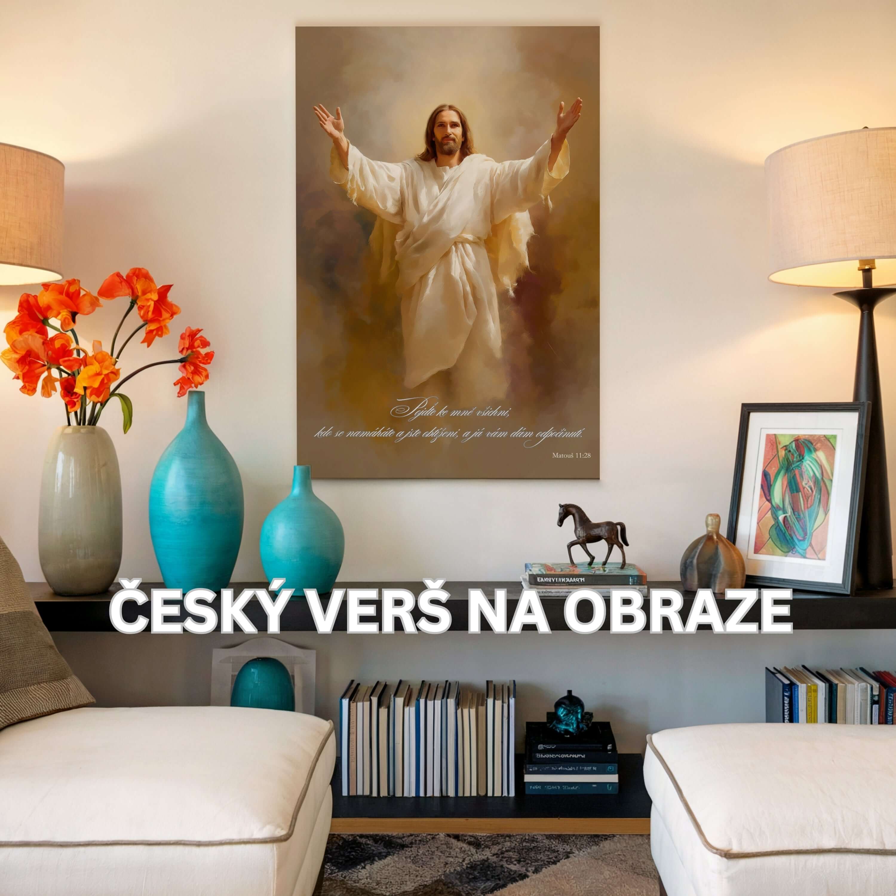 obraz na stenu s Ježišom a citátom „Poďte ku mne všetci“, dekorácia na stenu v interiéri.