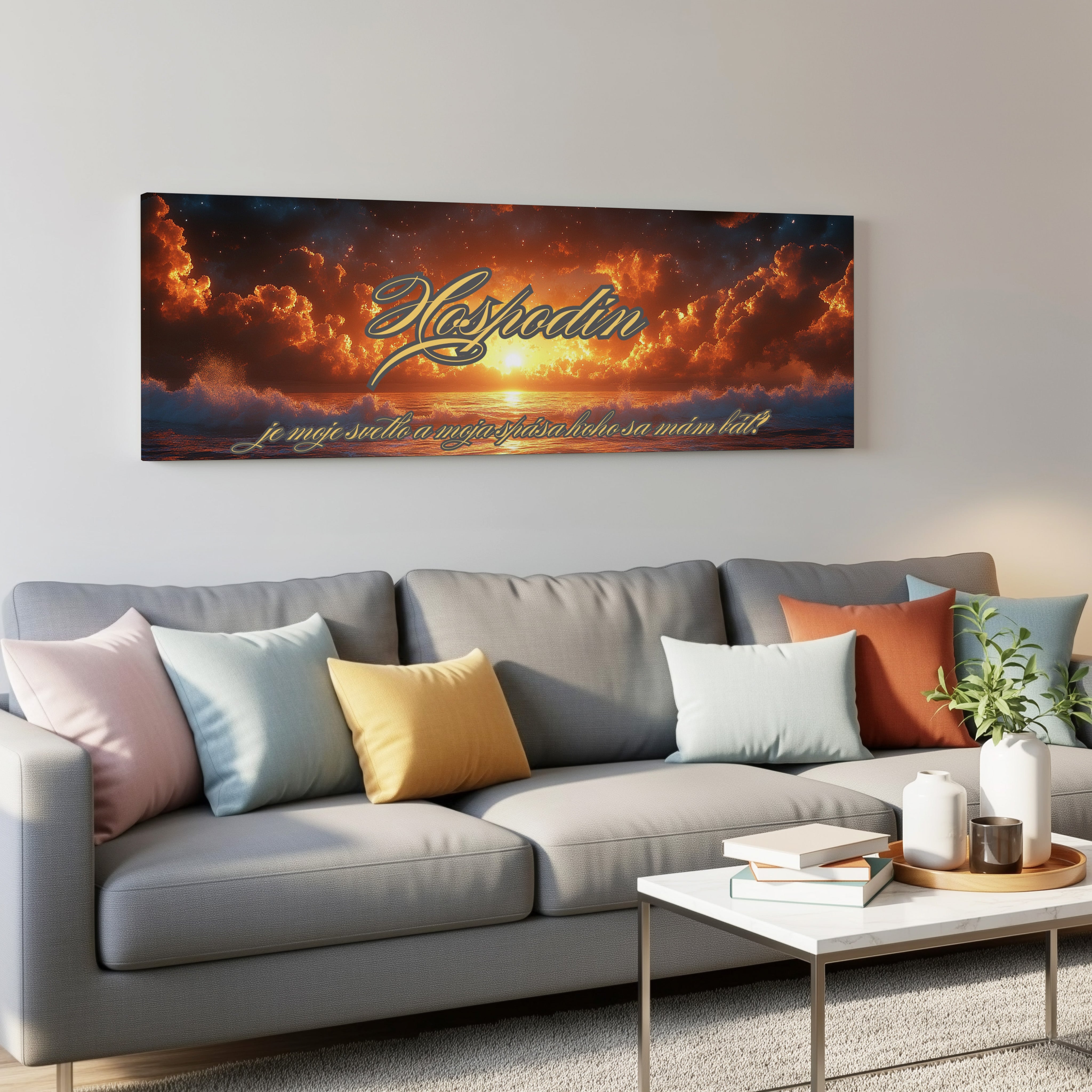 Obraz na stenu s textom 'Hospodin je moje svetlo' v interiéri obývačky