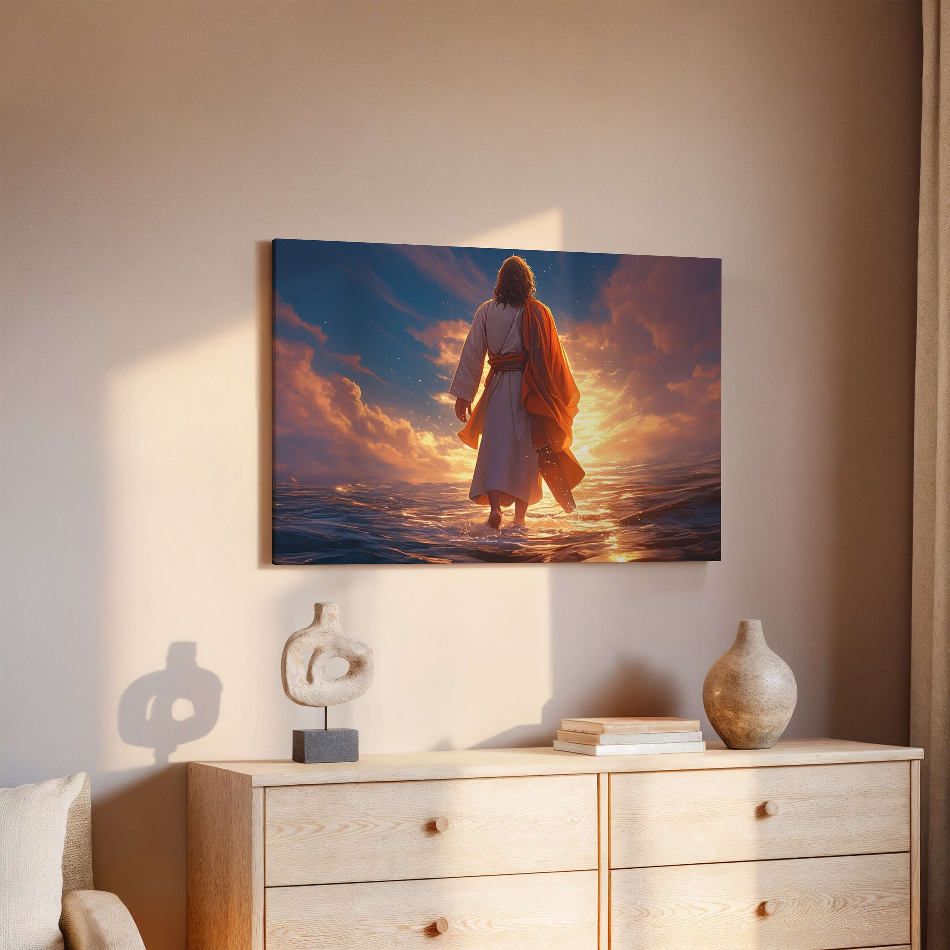 Obraz na stenu - Ježiš kráčajúci po vode zachytáva dramatické svetlo neba a mora.