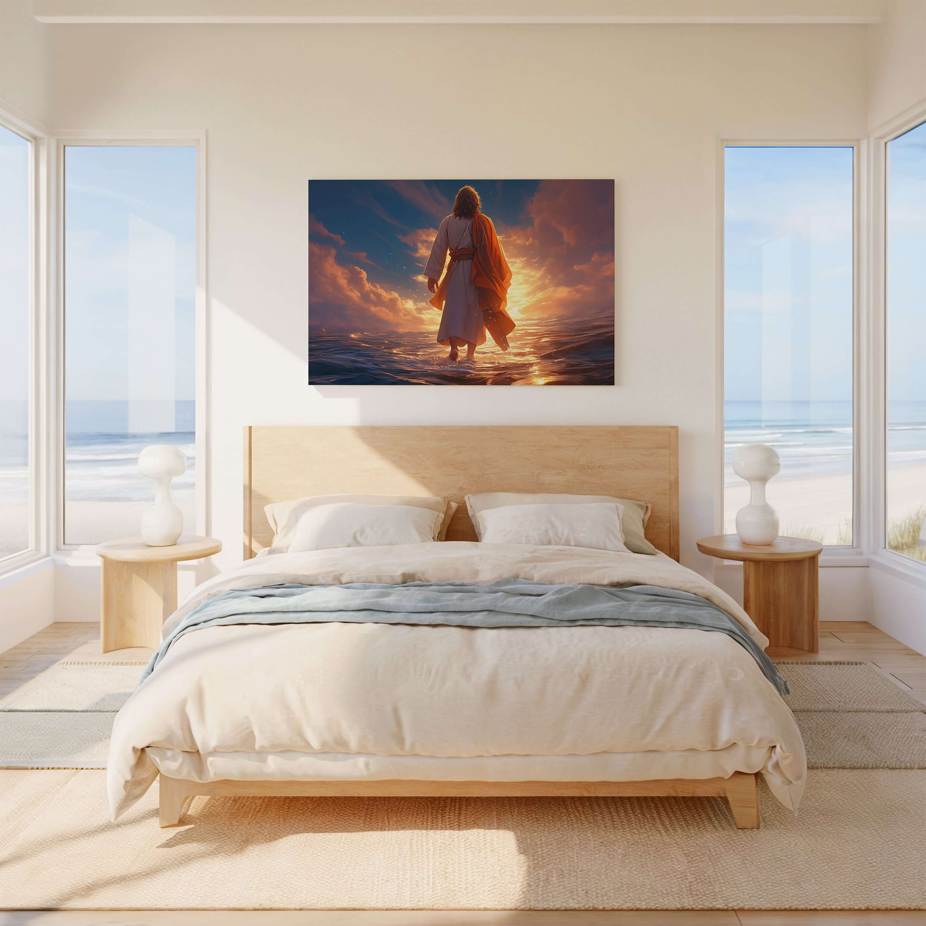 Obraz na stenu - Ježiš kráčajúci po vode s dramatickým svetlom a nádhermi v pozadí.