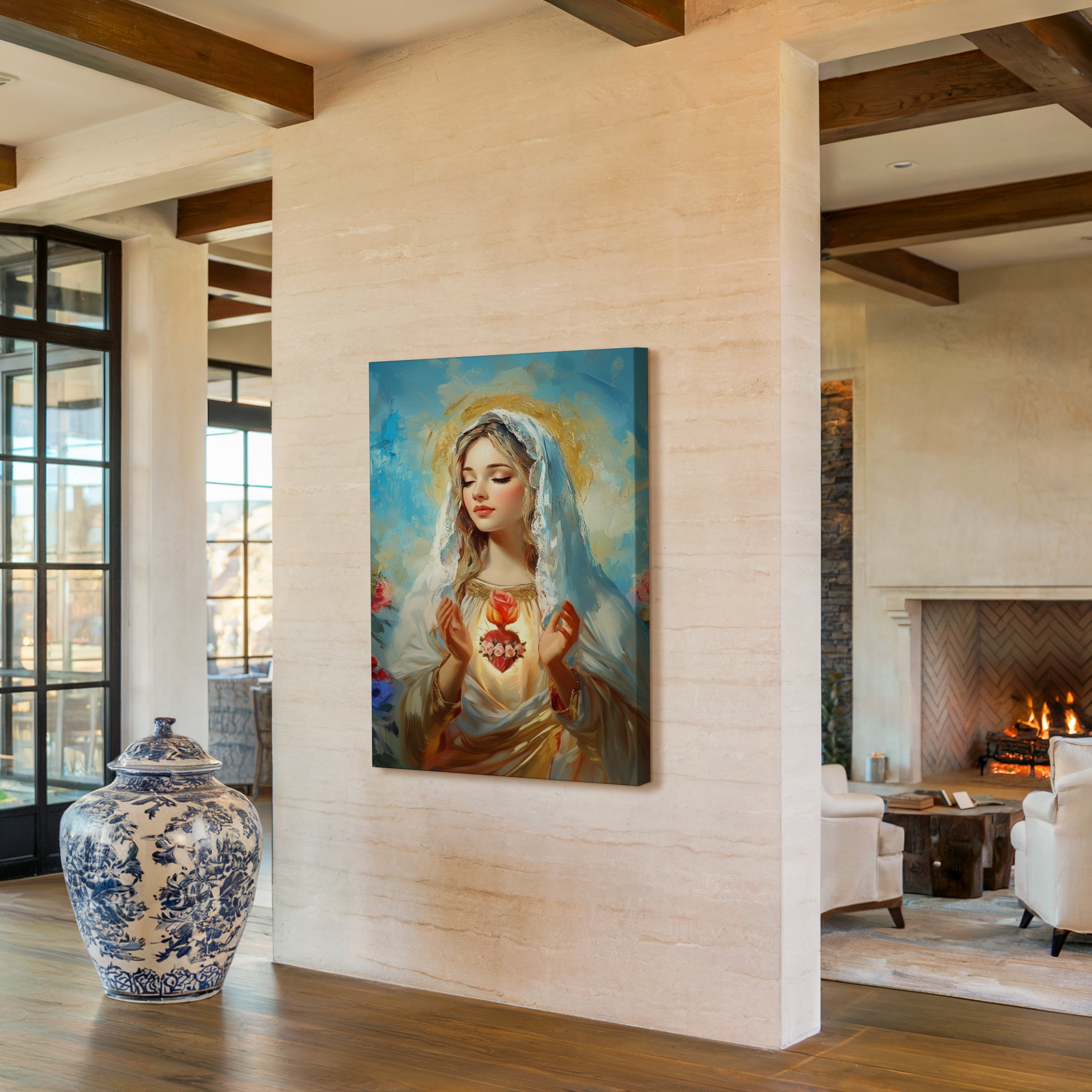 Obraz na stenu - Nepoškvrnené Srdce Panny Márie zobrazené v modernom interiéri s pokojným a harmonickým prostredím.