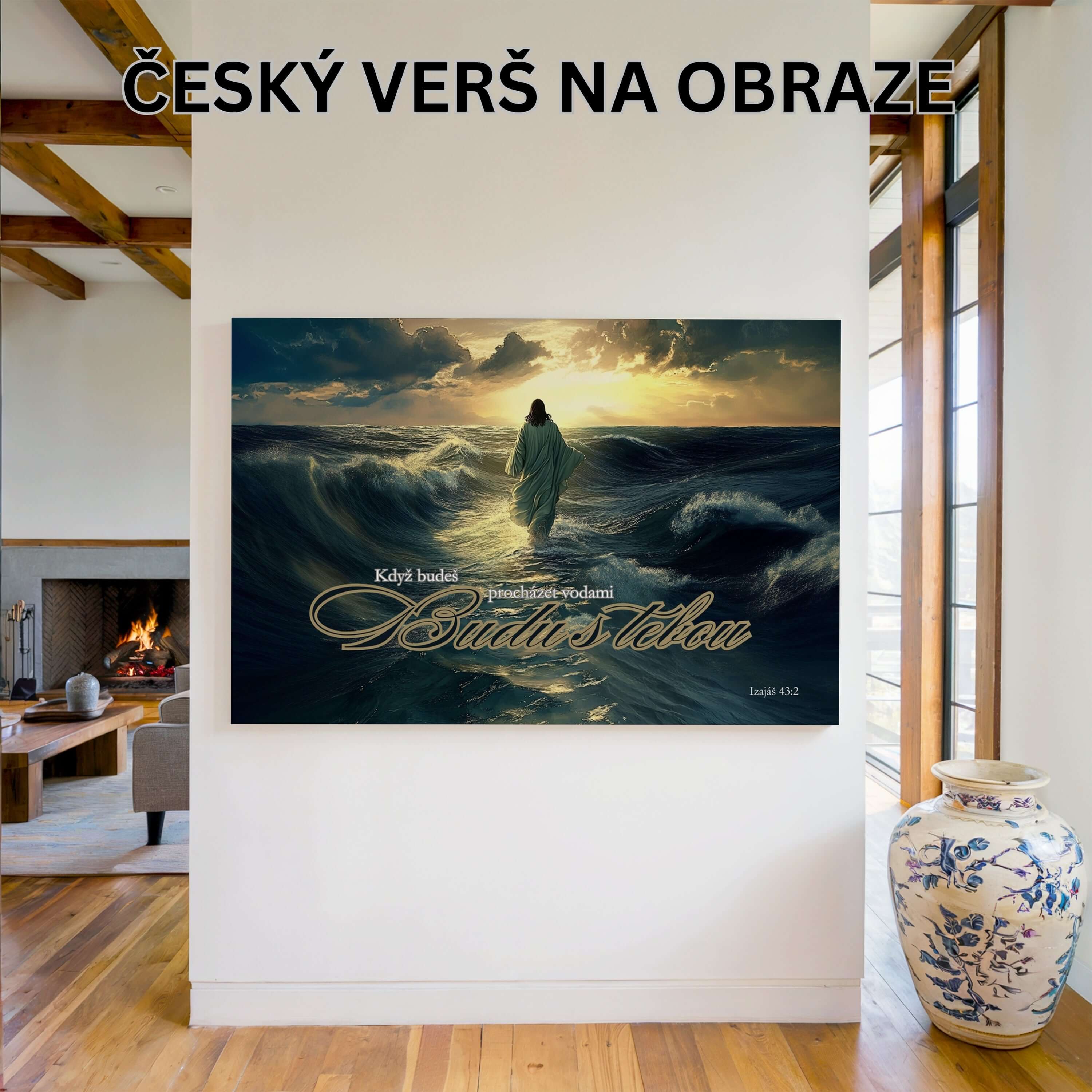 Obraz na stenu – výjav s Ježišom kráčajúcim po vlnách, inšpirovaný Izaiášom 43:2, umenie do interiéru.