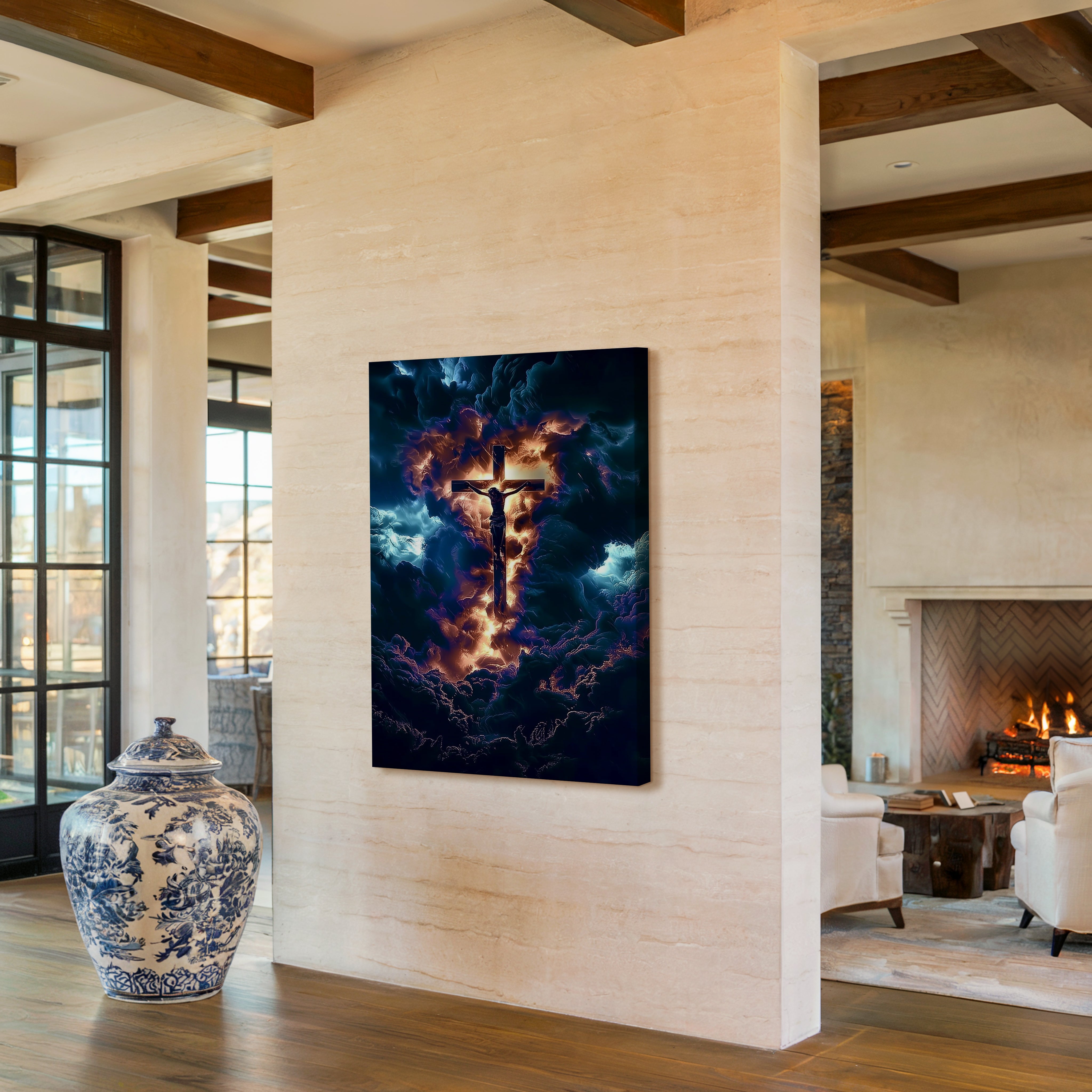 Obraz na stenu - KRÍŽ JEŽIŠA KRISTA -BOŽIE SVETLO V TEMNOTE zobrazený v moderne zariadenej miestnosti.