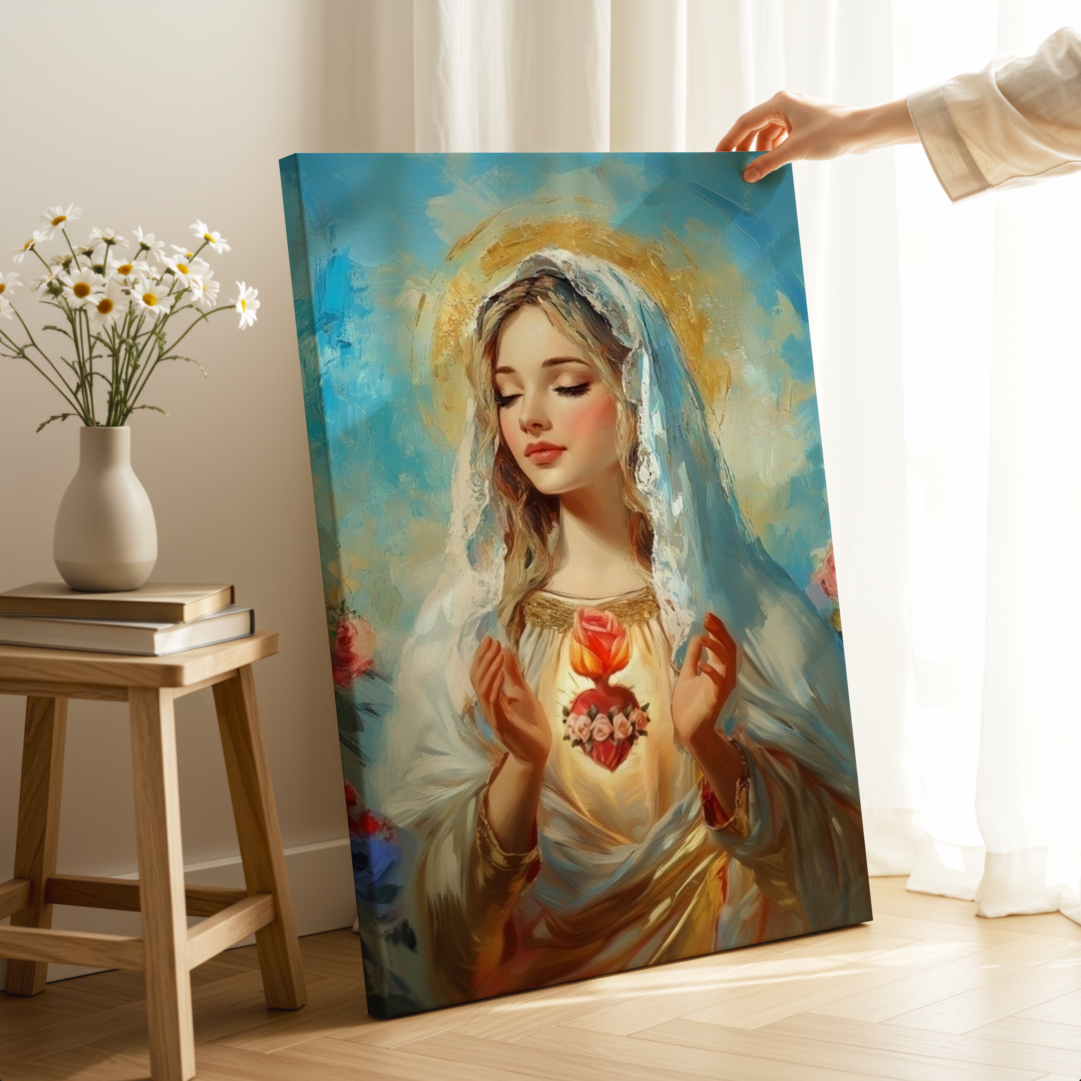 Obraz na stenu - Nepoškvrnené Srdce Panny Márie zobrazené v nebeskom svetle s pokojnou tvárou a láskyplným srdcom.