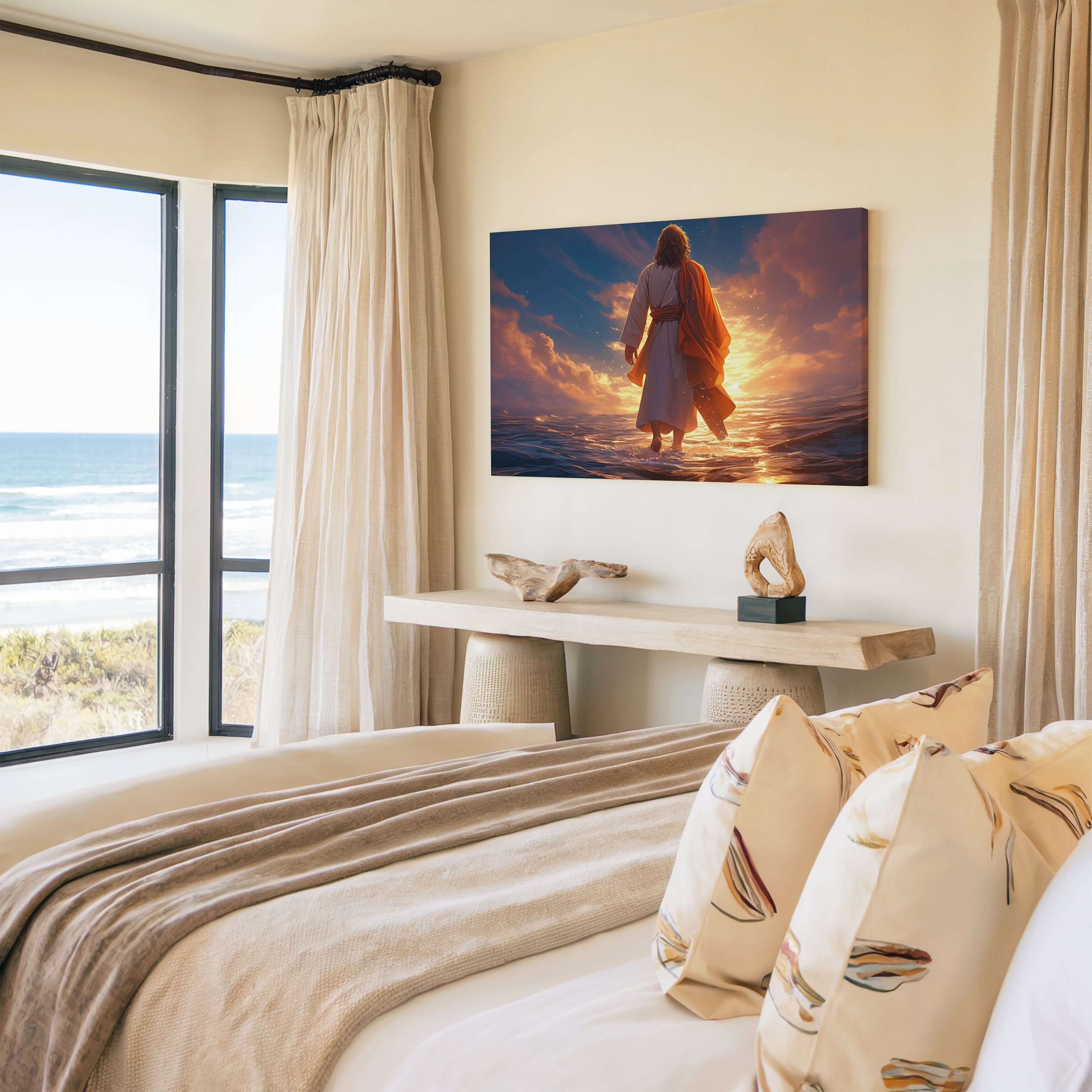 Obraz na stenu - Ježiš kráčajúci po vode v modernom interiéri s výhľadom na more.