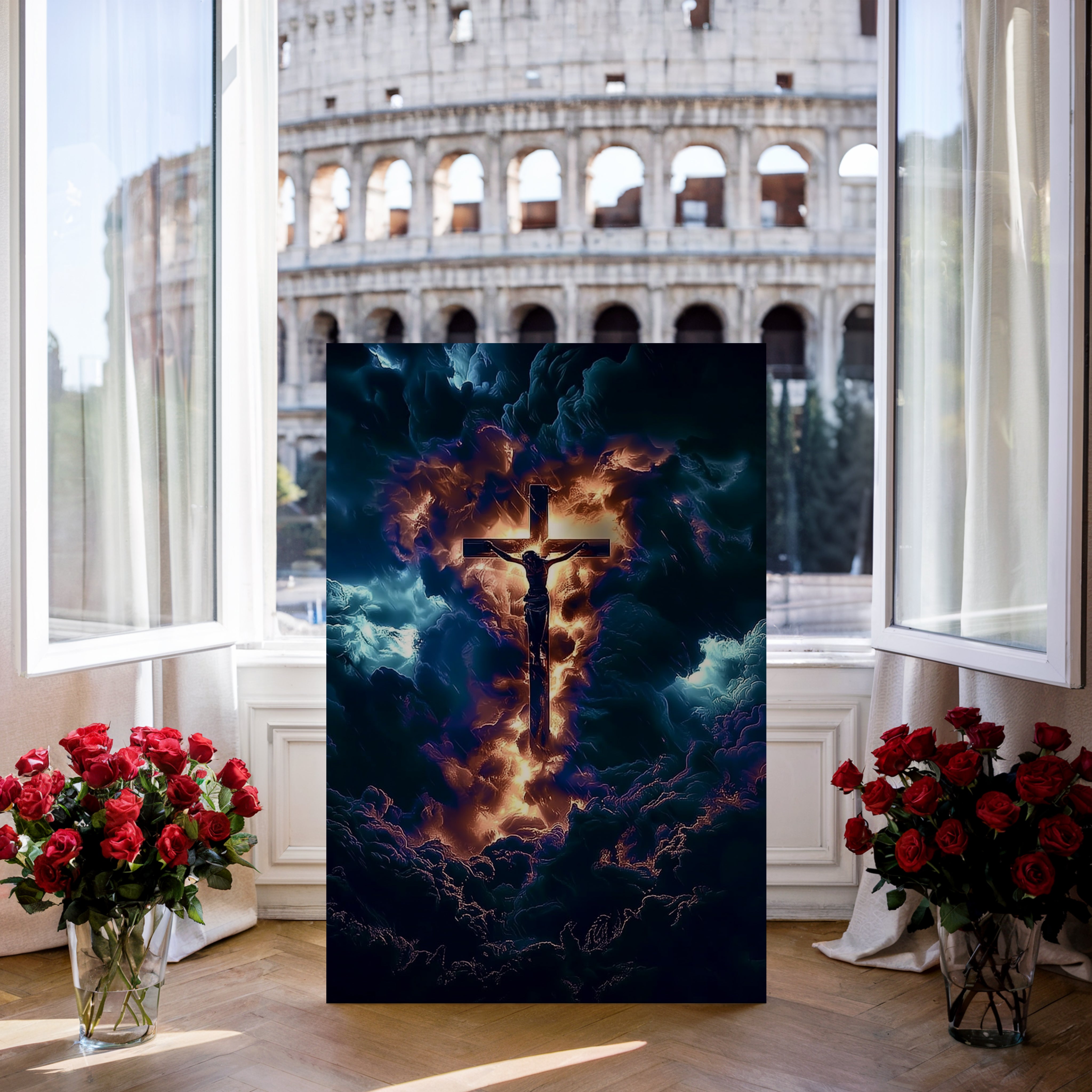 Obraz na stenu - KRÍŽ JEŽIŠA KRISTA -BOŽIE SVETLO V TEMNOTE, zobrazenie duchovného umenia s krížom v mrakoch.