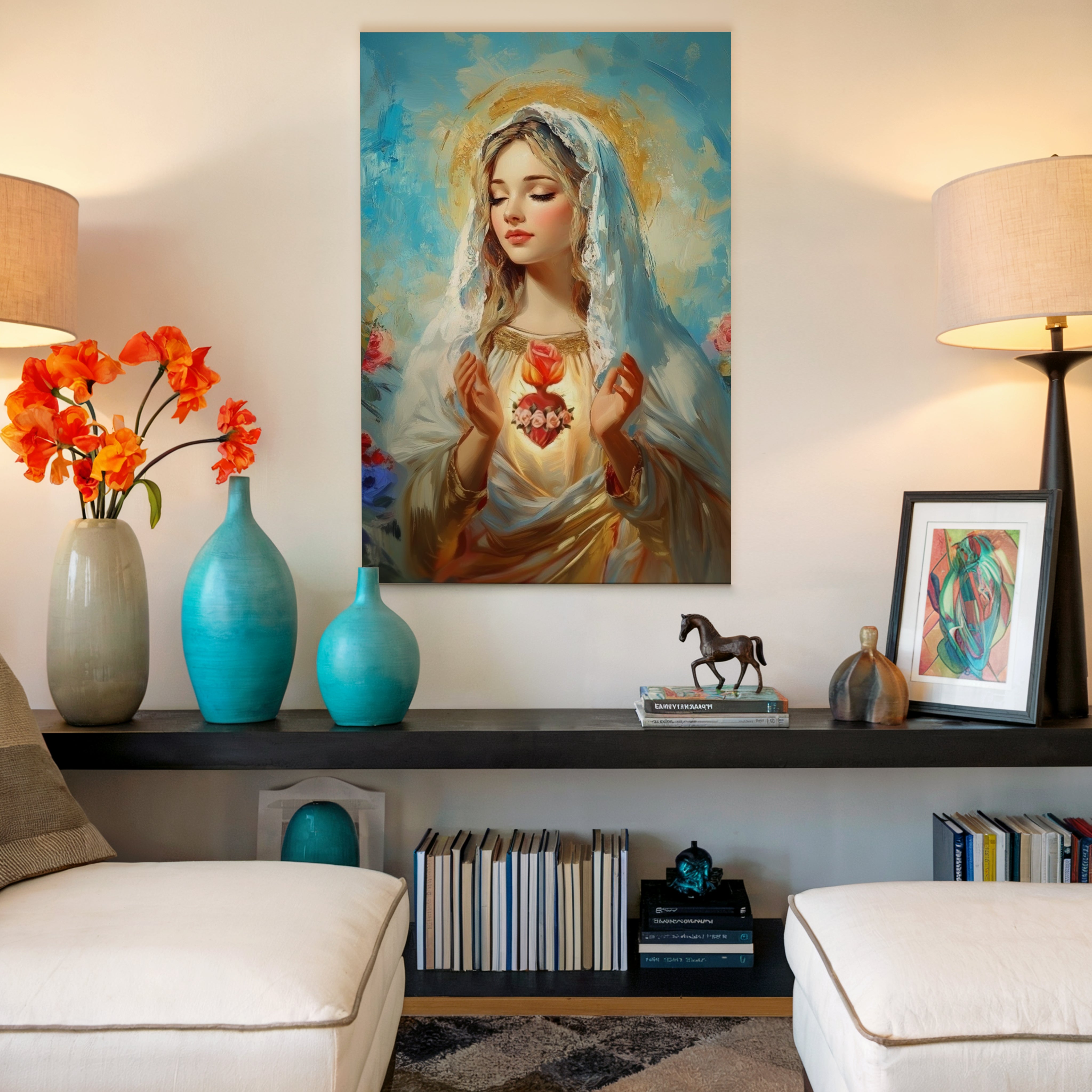 Obraz na stenu - Nepoškvrnené Srdce Panny Márie v moderne zariadenej obývačke s kvetmi a dekoráciami.