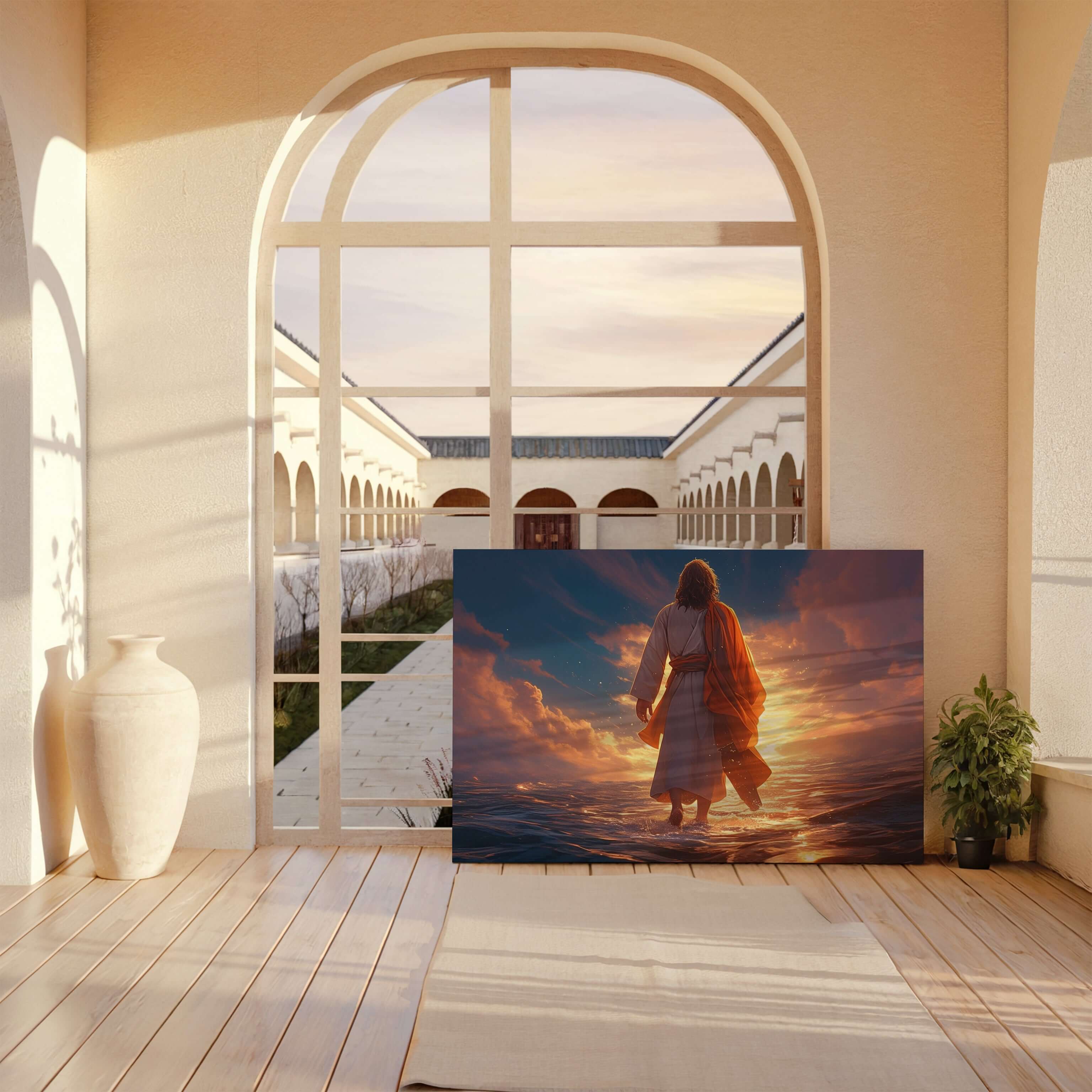 Obraz na stenu - Ježiš kráčajúci po vode s dramatickým svetlom v útulnom interiéri.