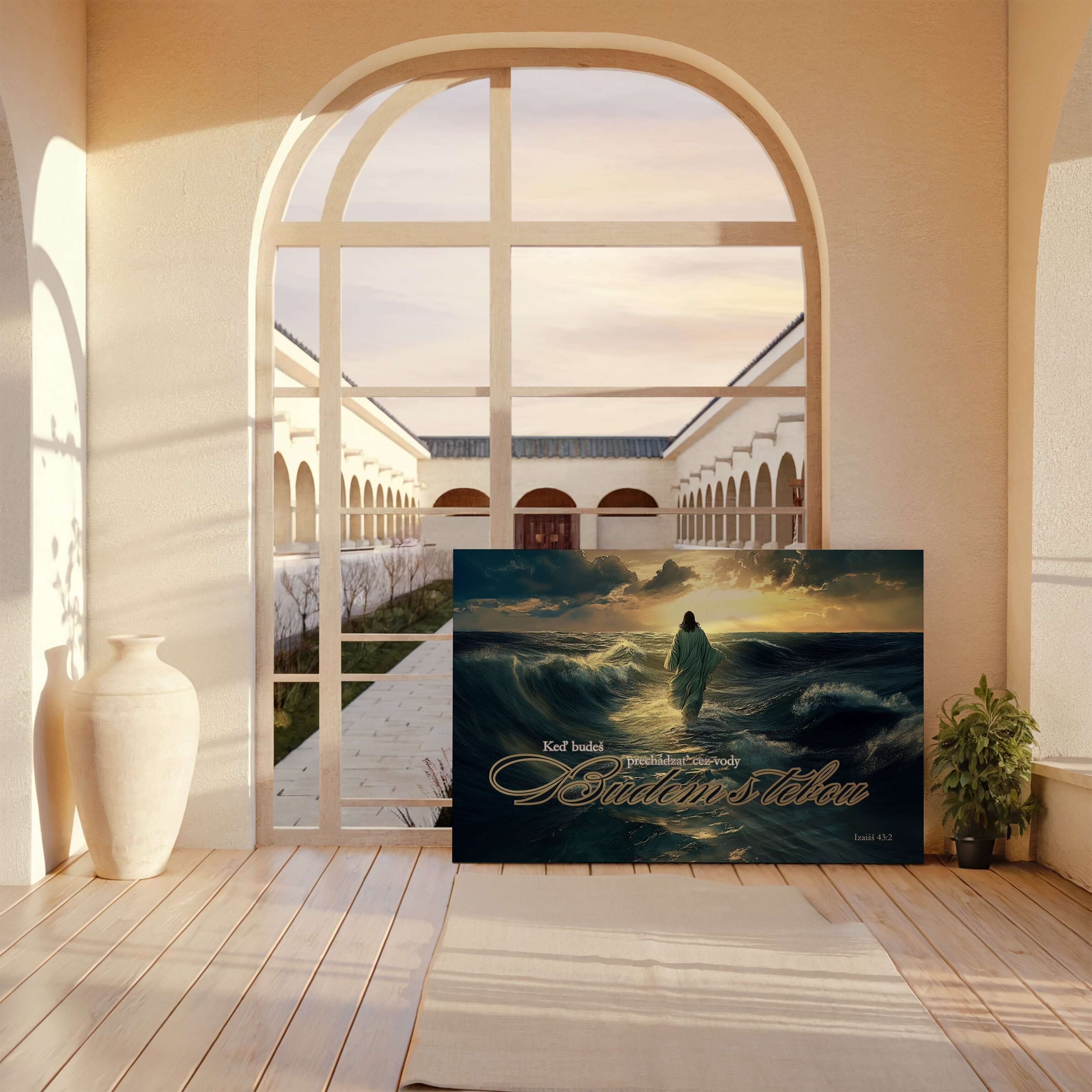 Obraz na stenu zobrazuje umelecké dielo s názvom 'Keď budeš prechádzať cez vody, budem s tebou'.