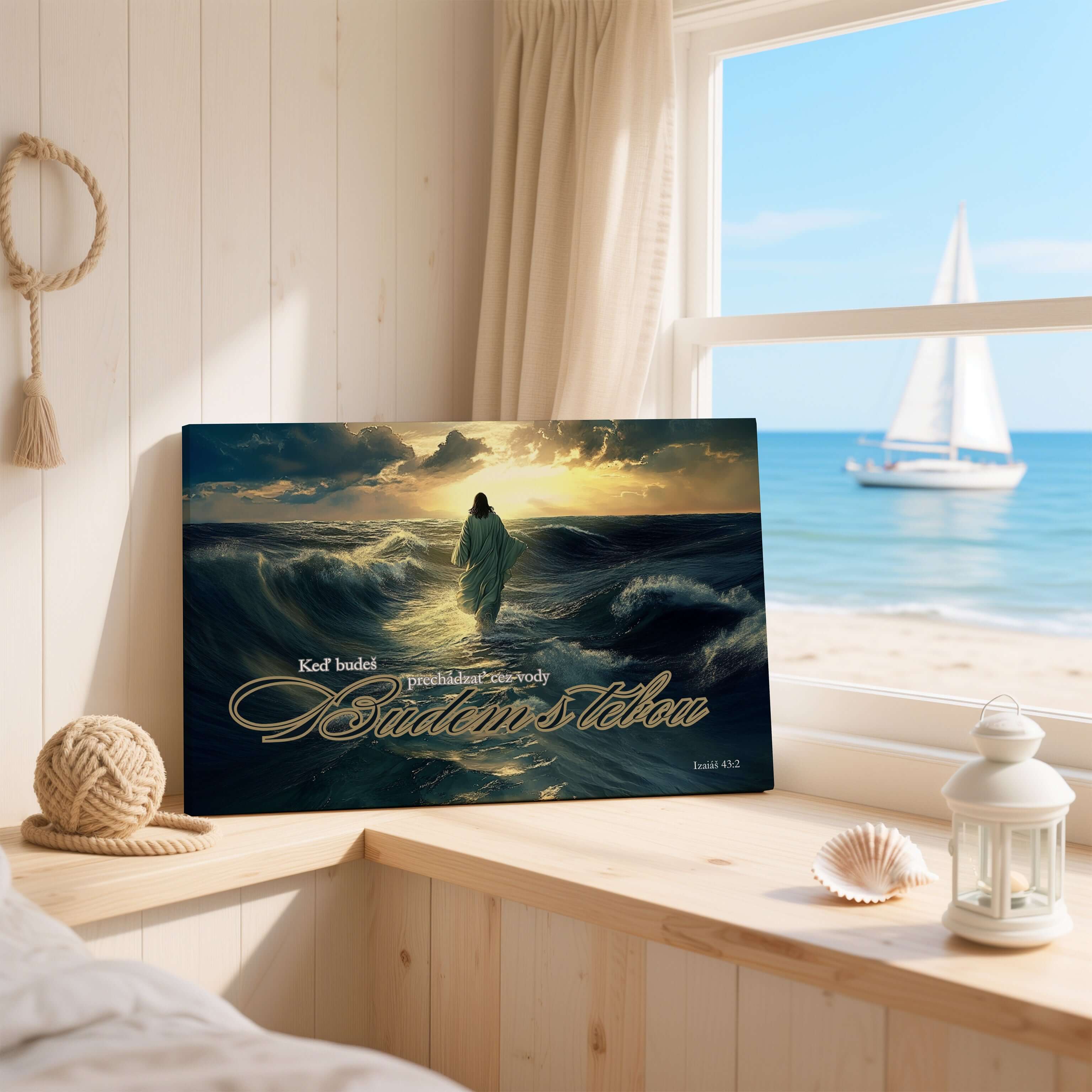 Obraz na stenu - Keď budeš prechádzať cez vody, budem s tebou - Izaiáš 43:2, duchovný motív v interiéri.