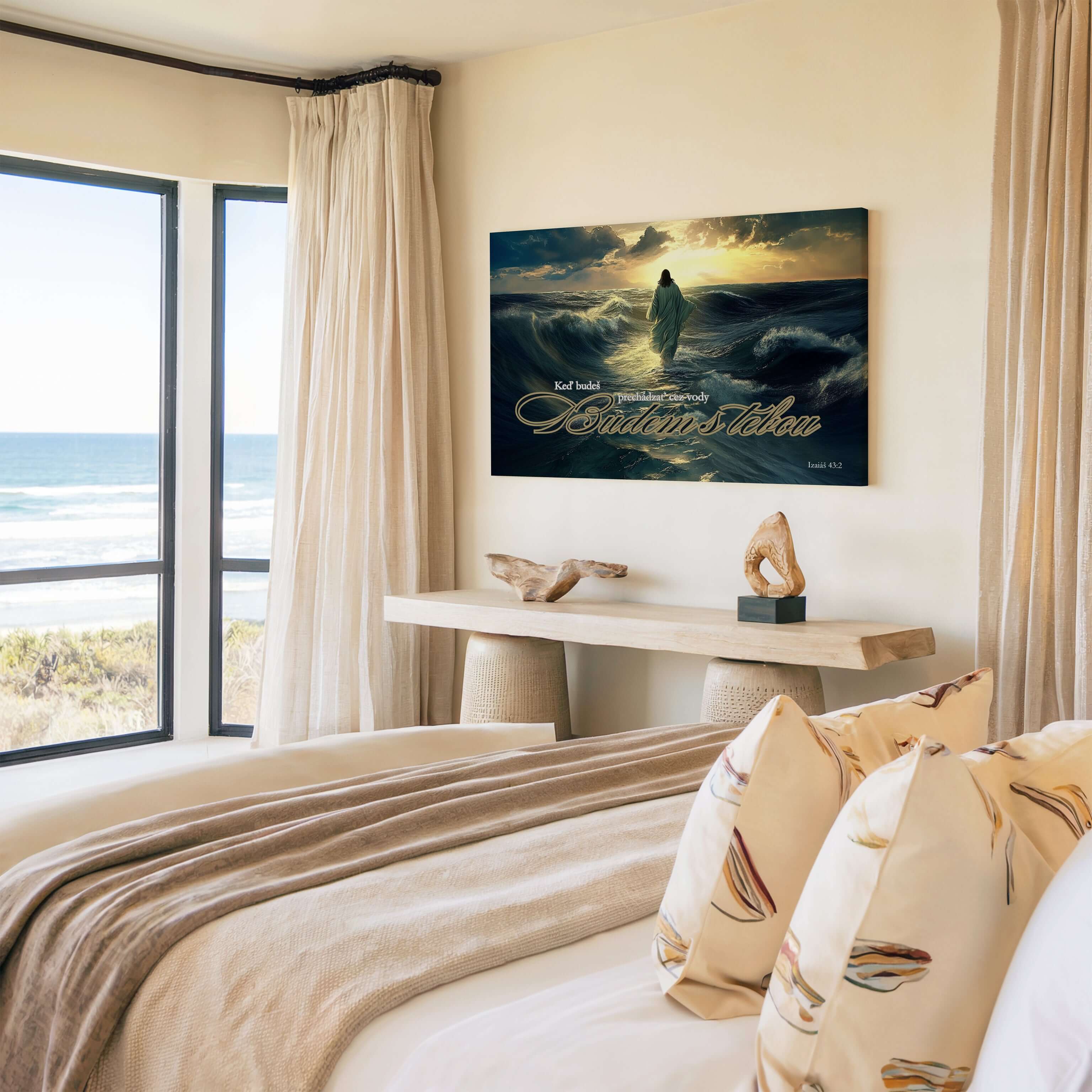 Obraz na stenu s motivom duchovného zasľúbenia v spálni s výhľadom na oceán.