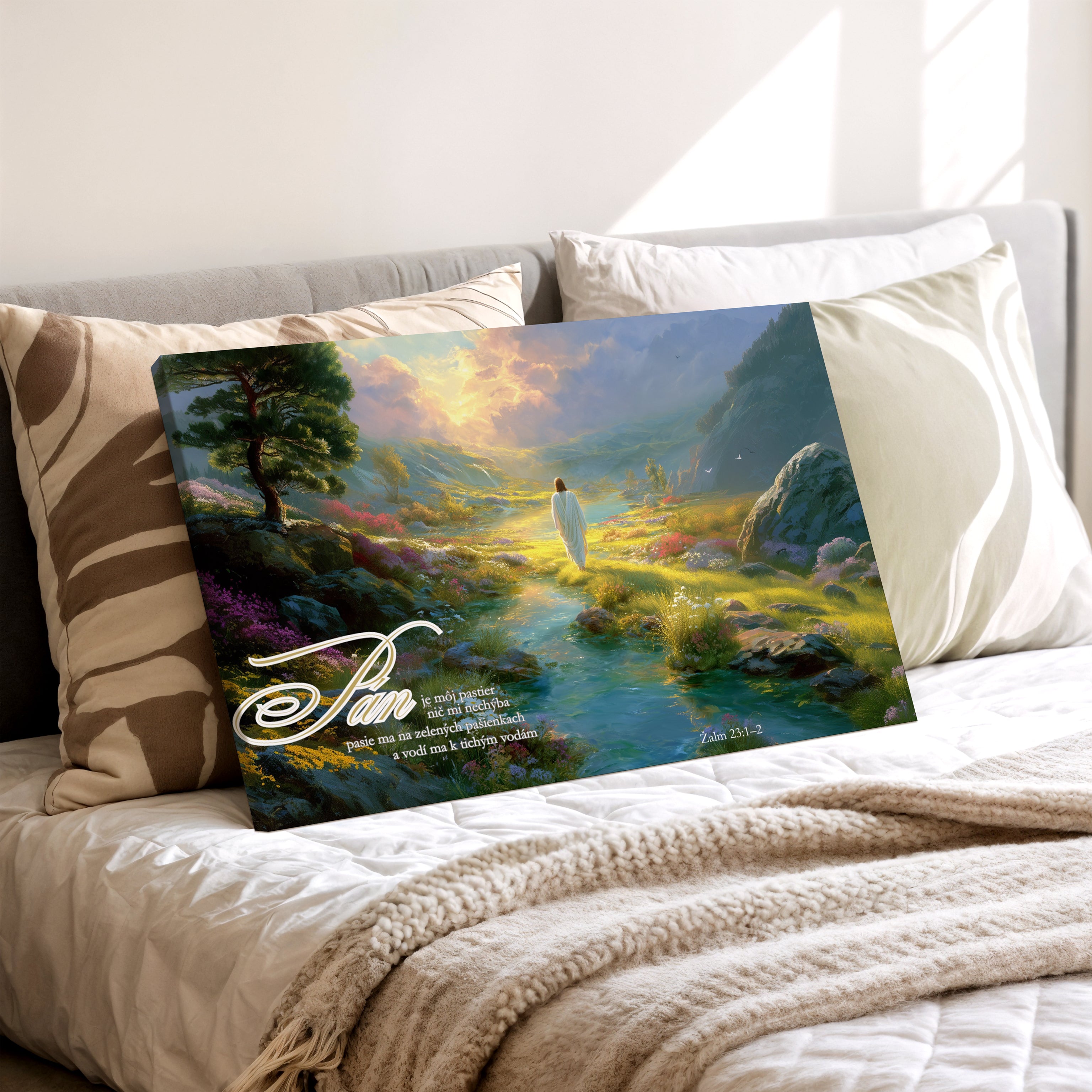 Obraz na stenu - Pán je môj pastier, umelecký výtvor na plátne s biblickým veršom.