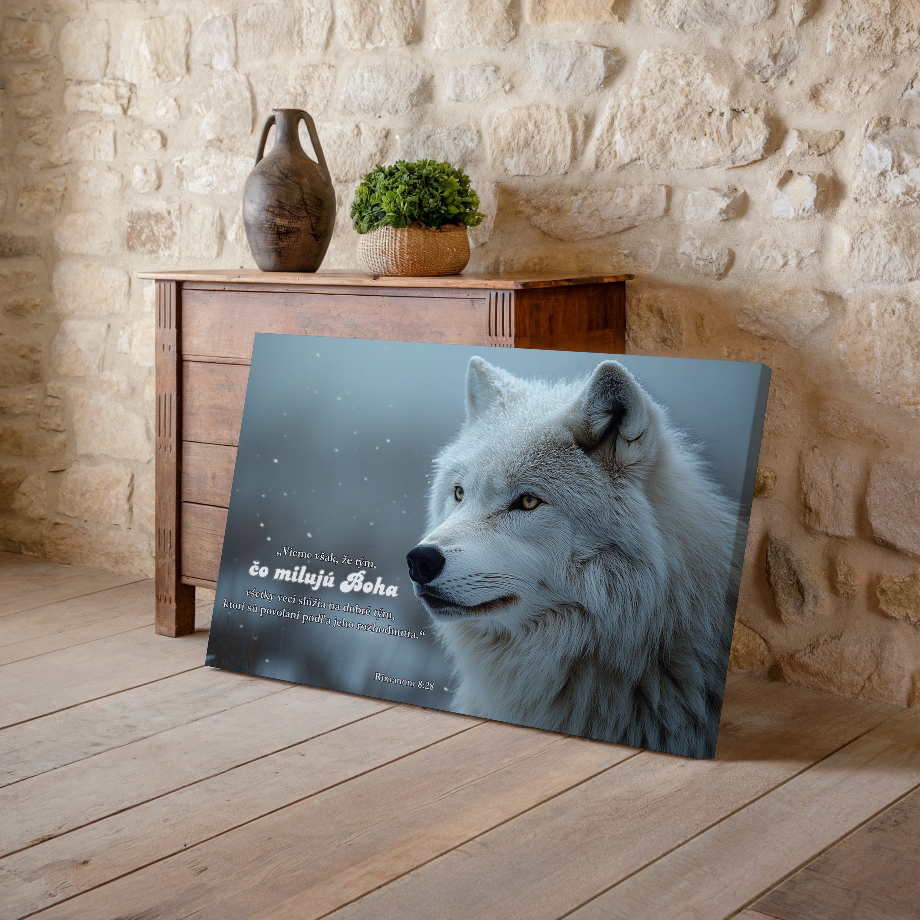 Obraz na stenu s portrétom bieleho vlka a duchovným citátom „to milujú Boha“. Klasický interiérový dekor.