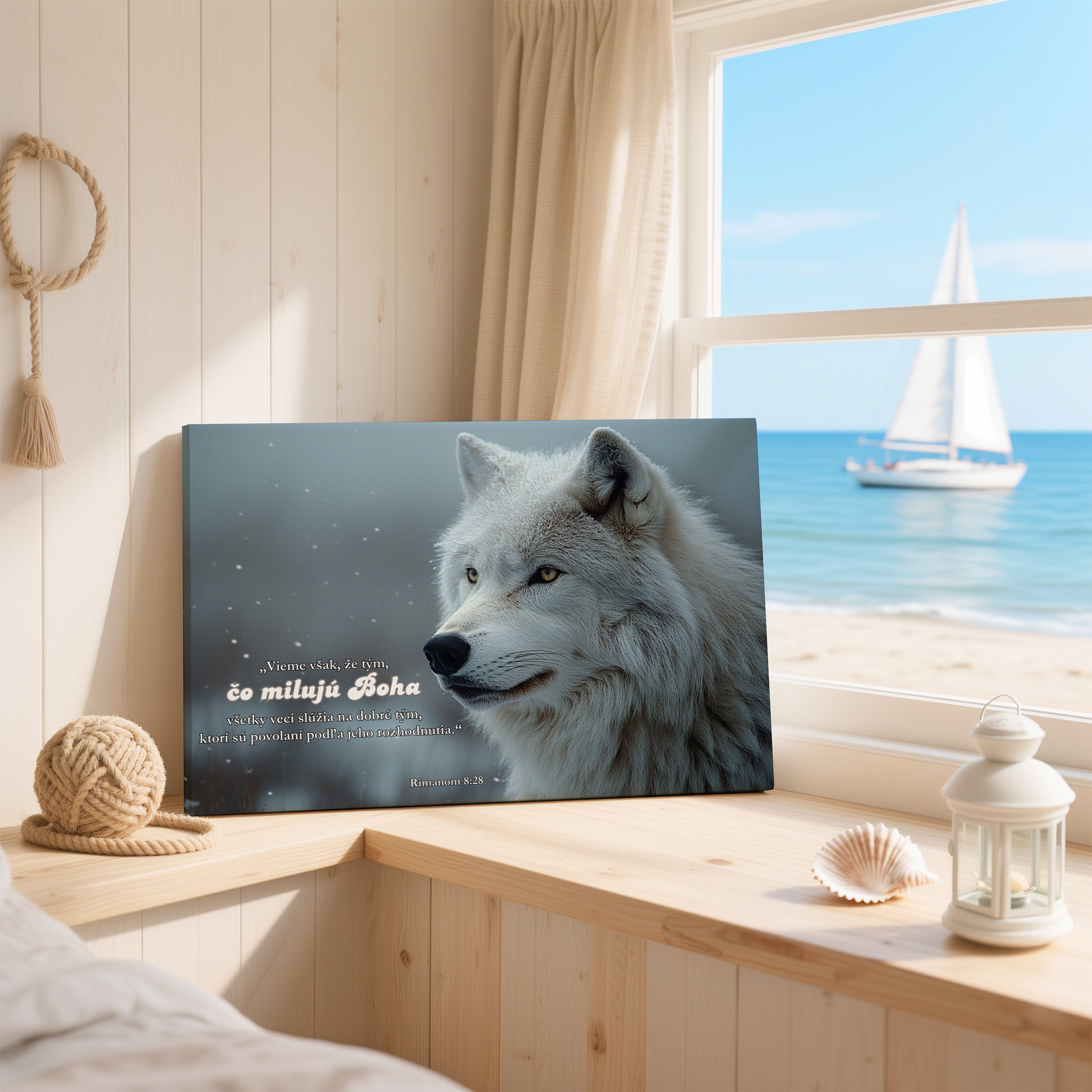 Obraz na stenu s bielym vlkom a citátom o láske k Bohu, umiestnený na okne s výhľadom na more.