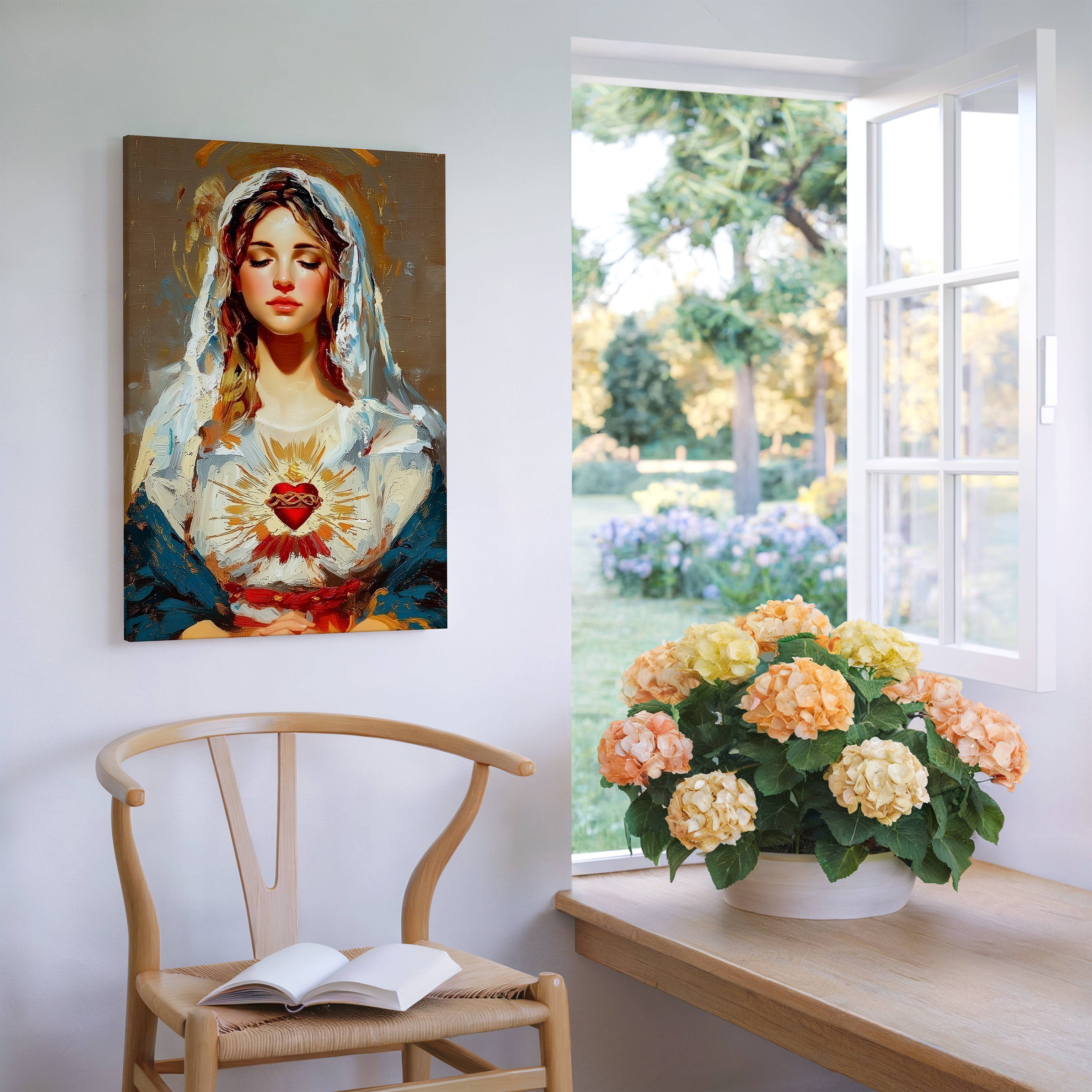 Obraz na stenu zobrazuje Nepoškvrnené Srdce Panny Márie s jemným pozadím a kvetinami v prirodzenom svetle.