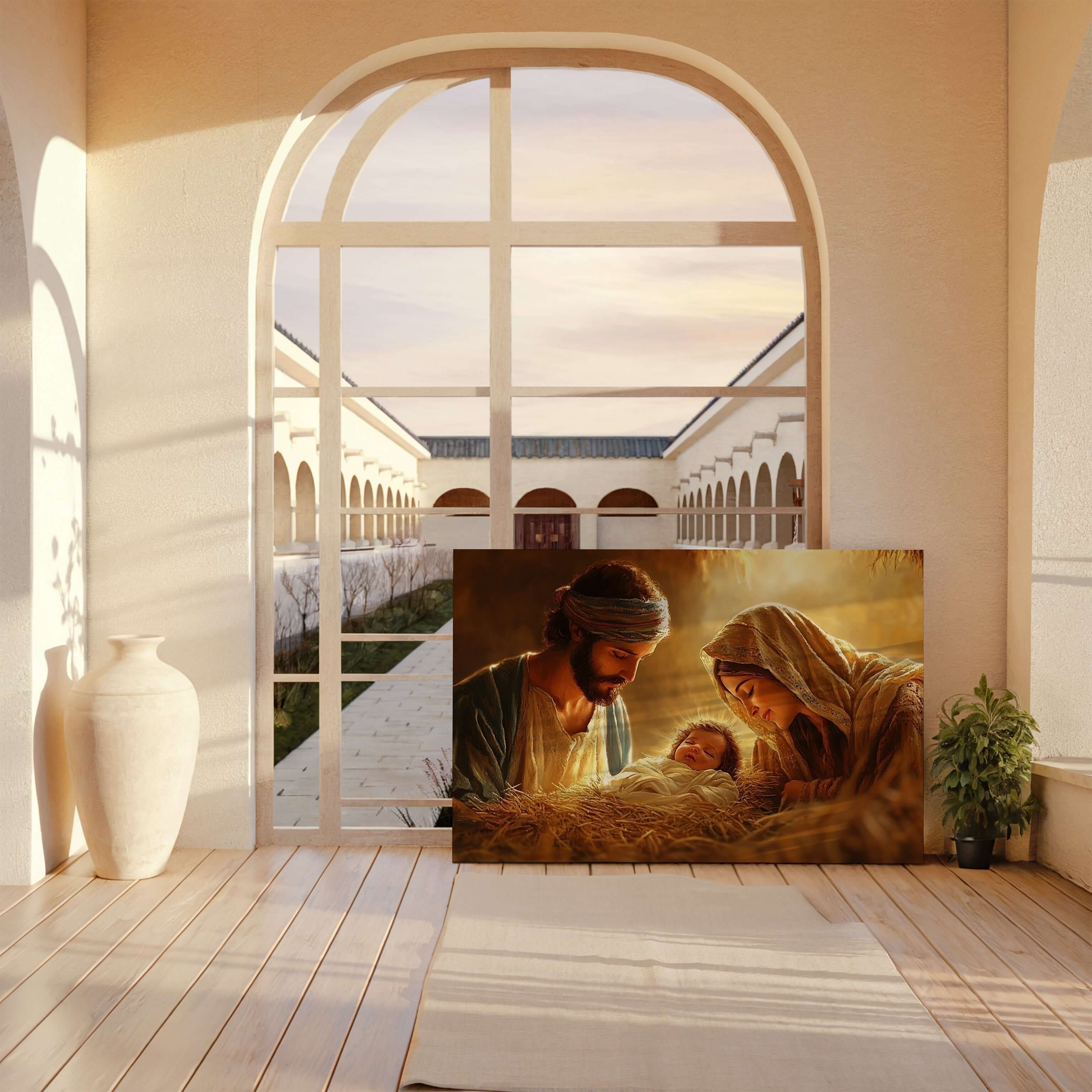 Obraz na stenu – Svätá rodina – Narodenie Ježiša Krista v príjemnom interiéri s oknom.