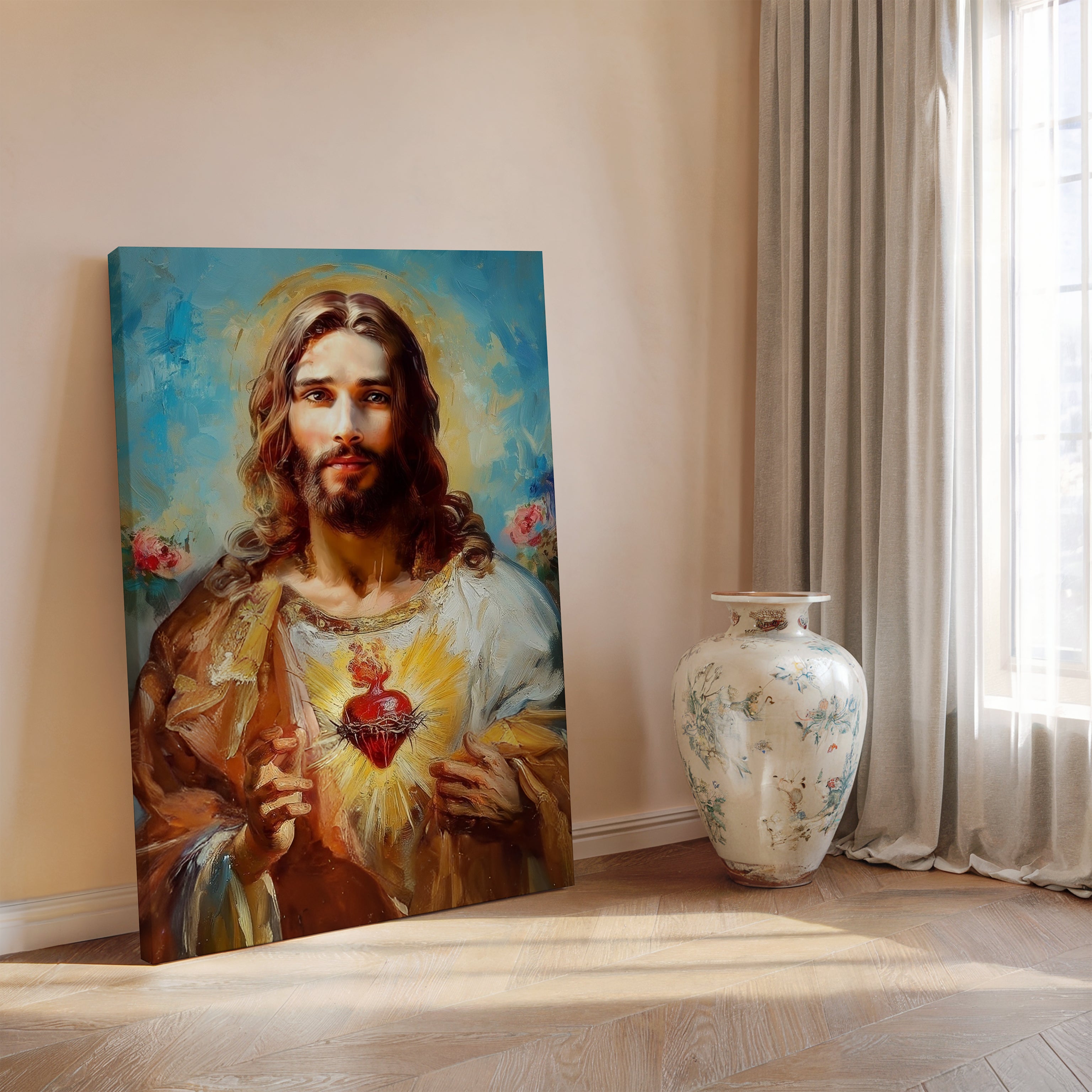 Obraz na stenu Najsvätejšie Srdce Ježiša z pokojnou a súcitnou tvárou v interiéri.