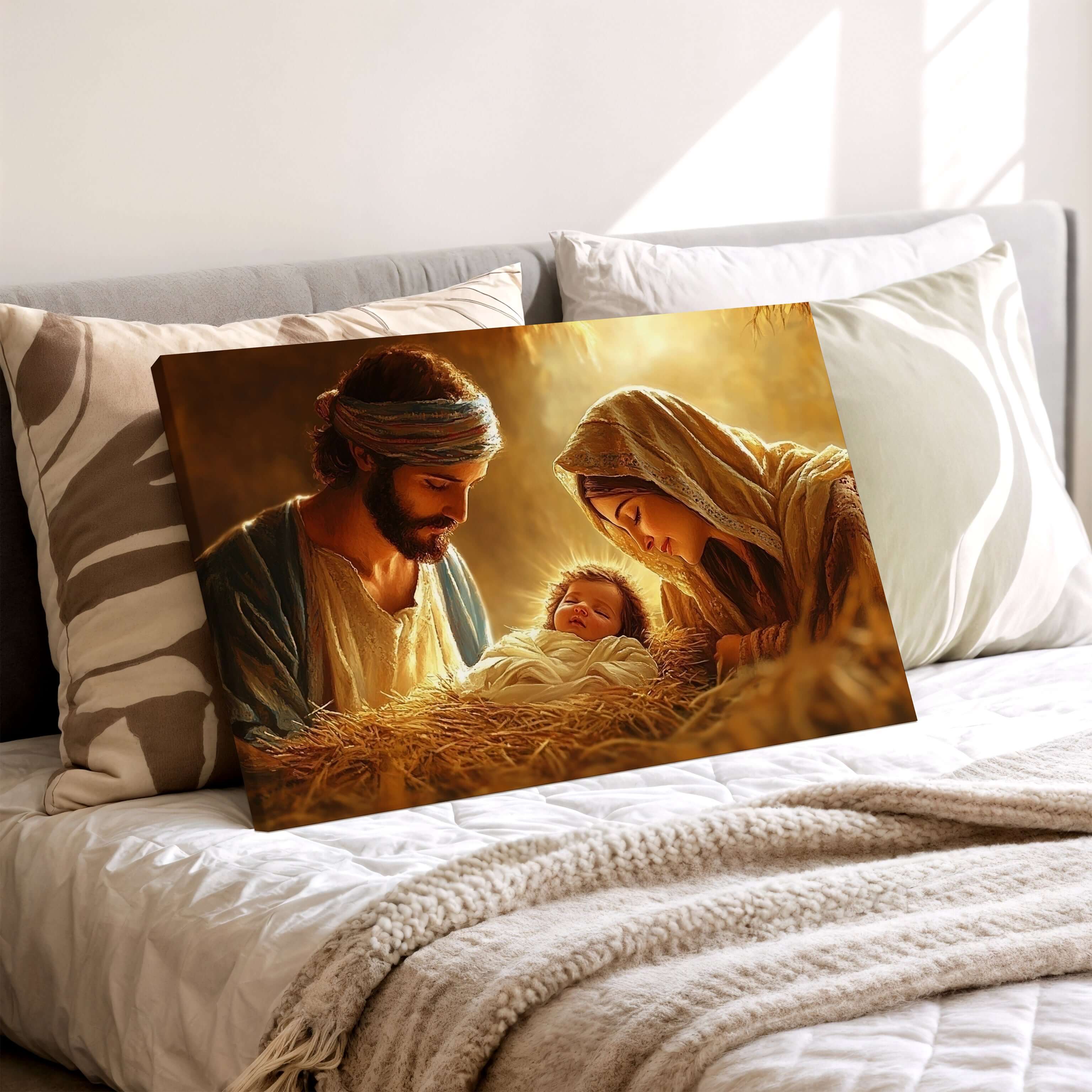 Obraz na stenu - Svätá rodina – Narodenie Ježiša Krista zachytáva láskyplný okamih rodiny pri jasliach.