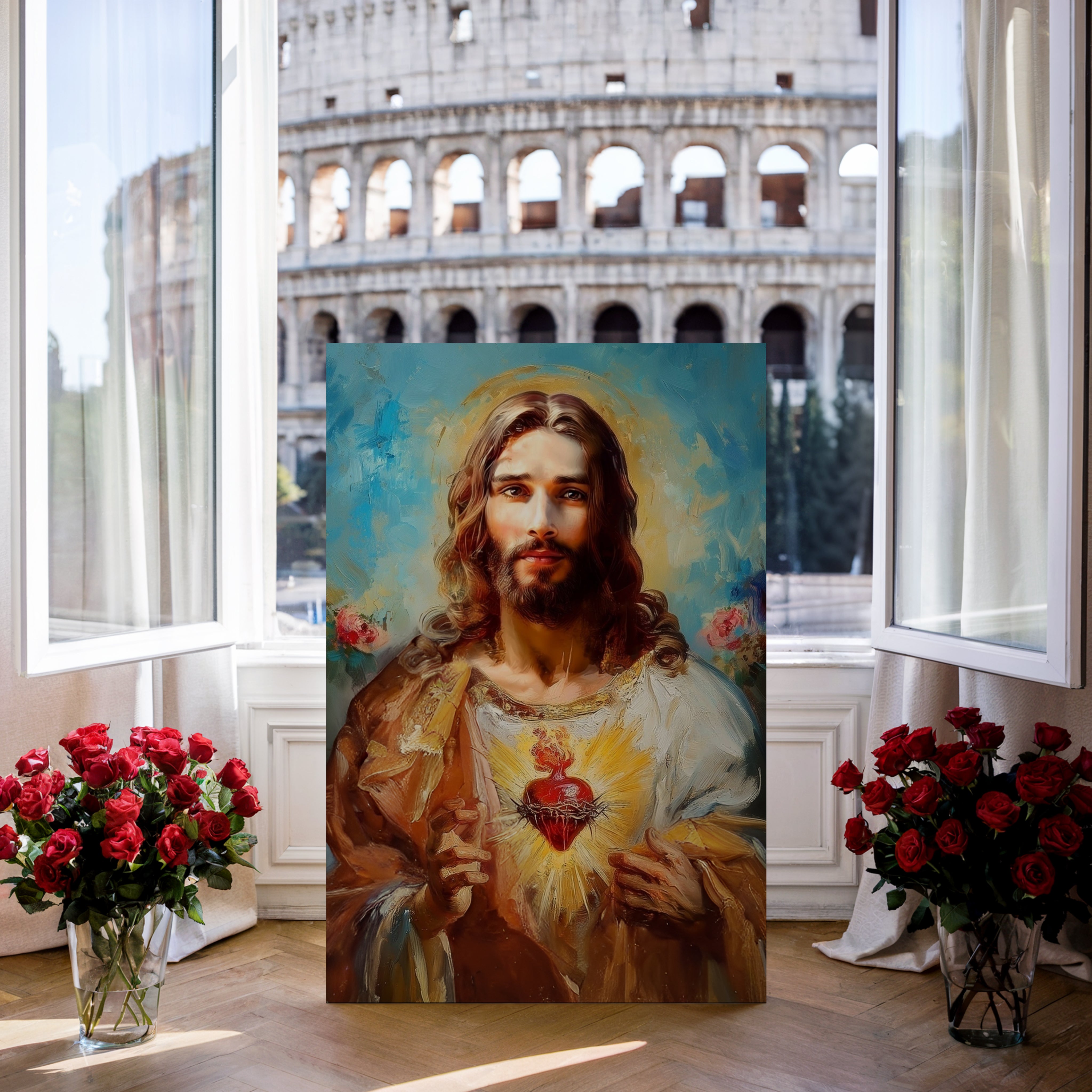 Obraz na stenu Najsvätejšie Srdce Ježiša zobrazený v interiéri s kvetinami.