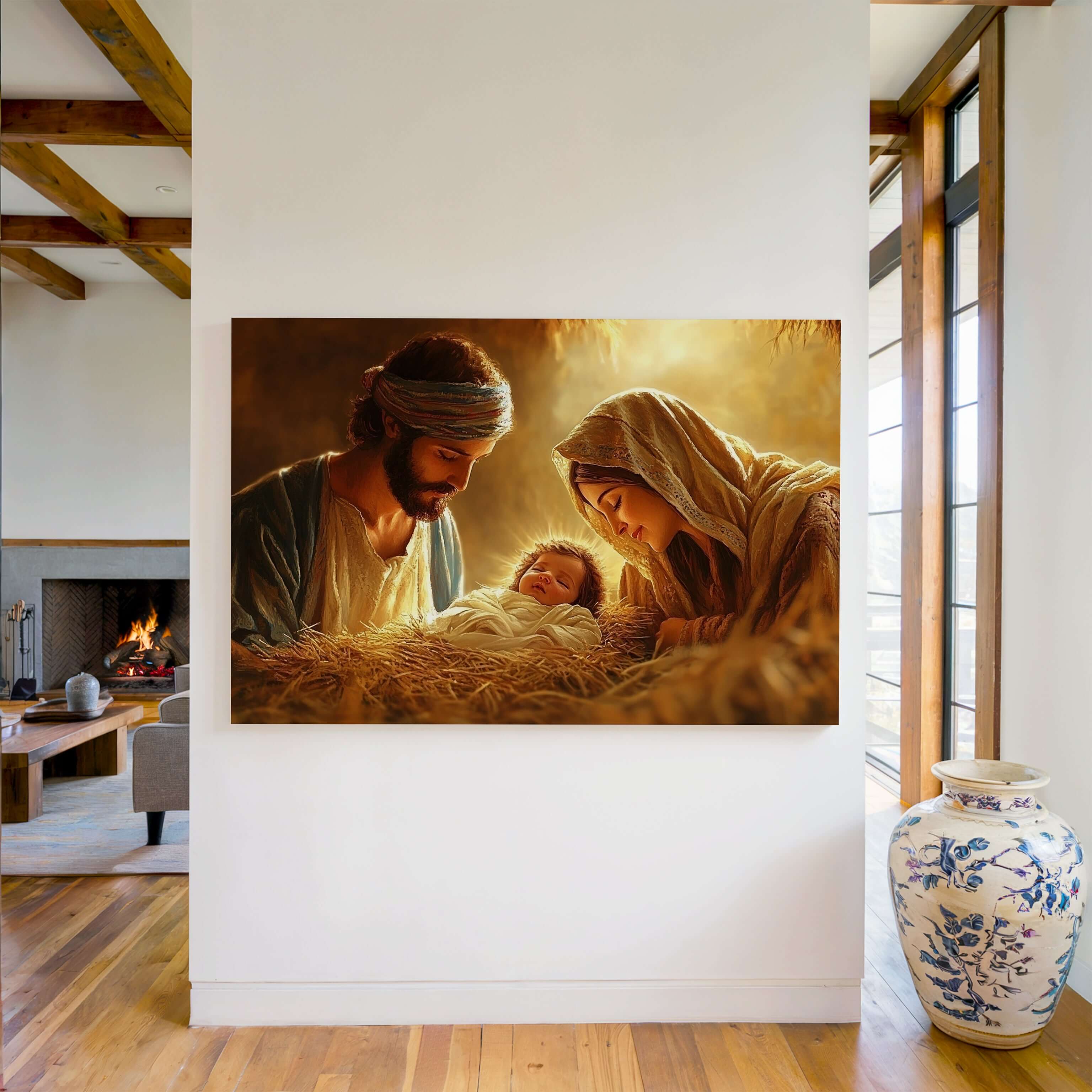 Obraz na stenu - Svätá rodina – Narodenie Ježiša Krista na stene v obývacej izbe, s pekným osvetlením.