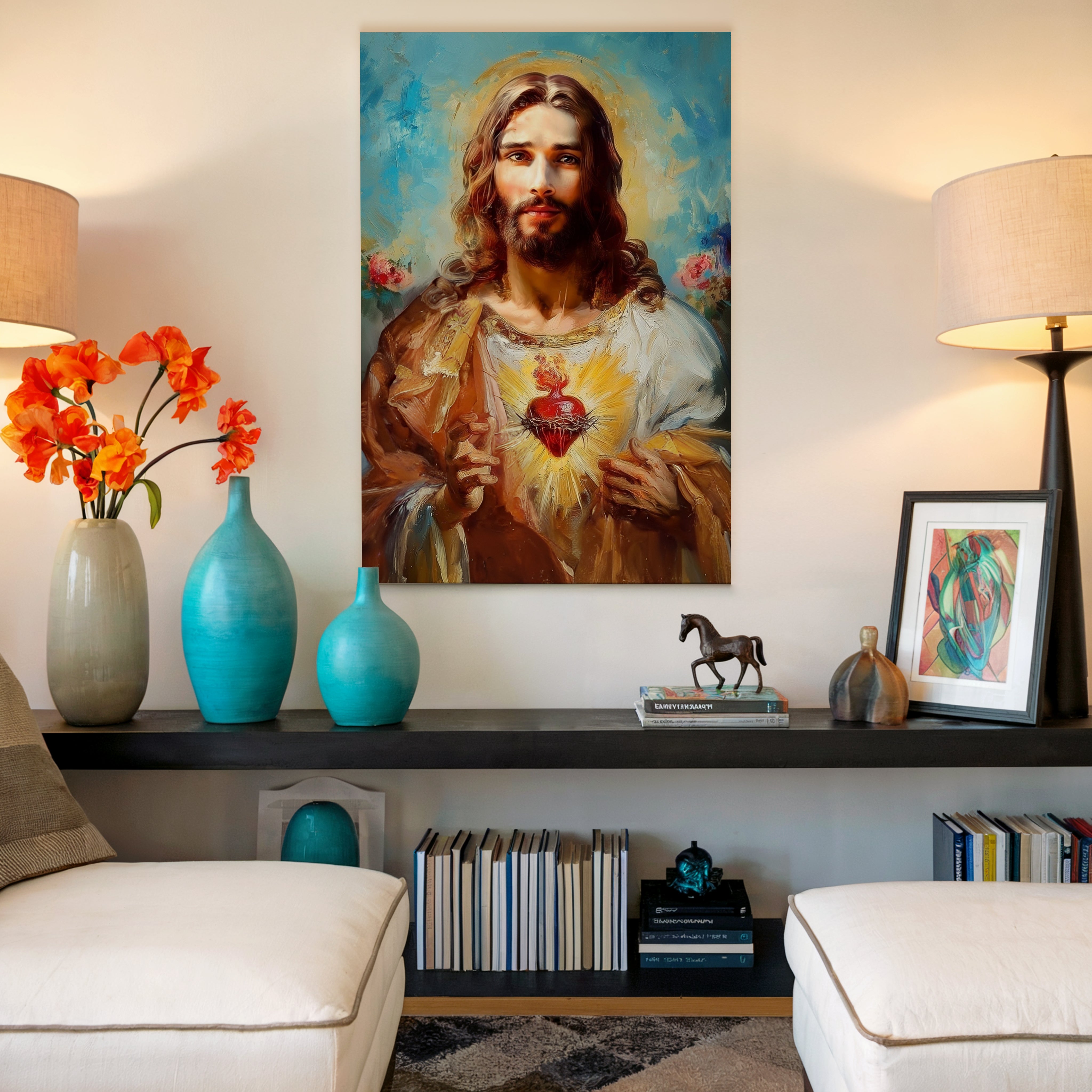 obraz na stenu Najsvätejšie Srdce Ježiša v modernom interiéri so svietidlami a dekoráciami