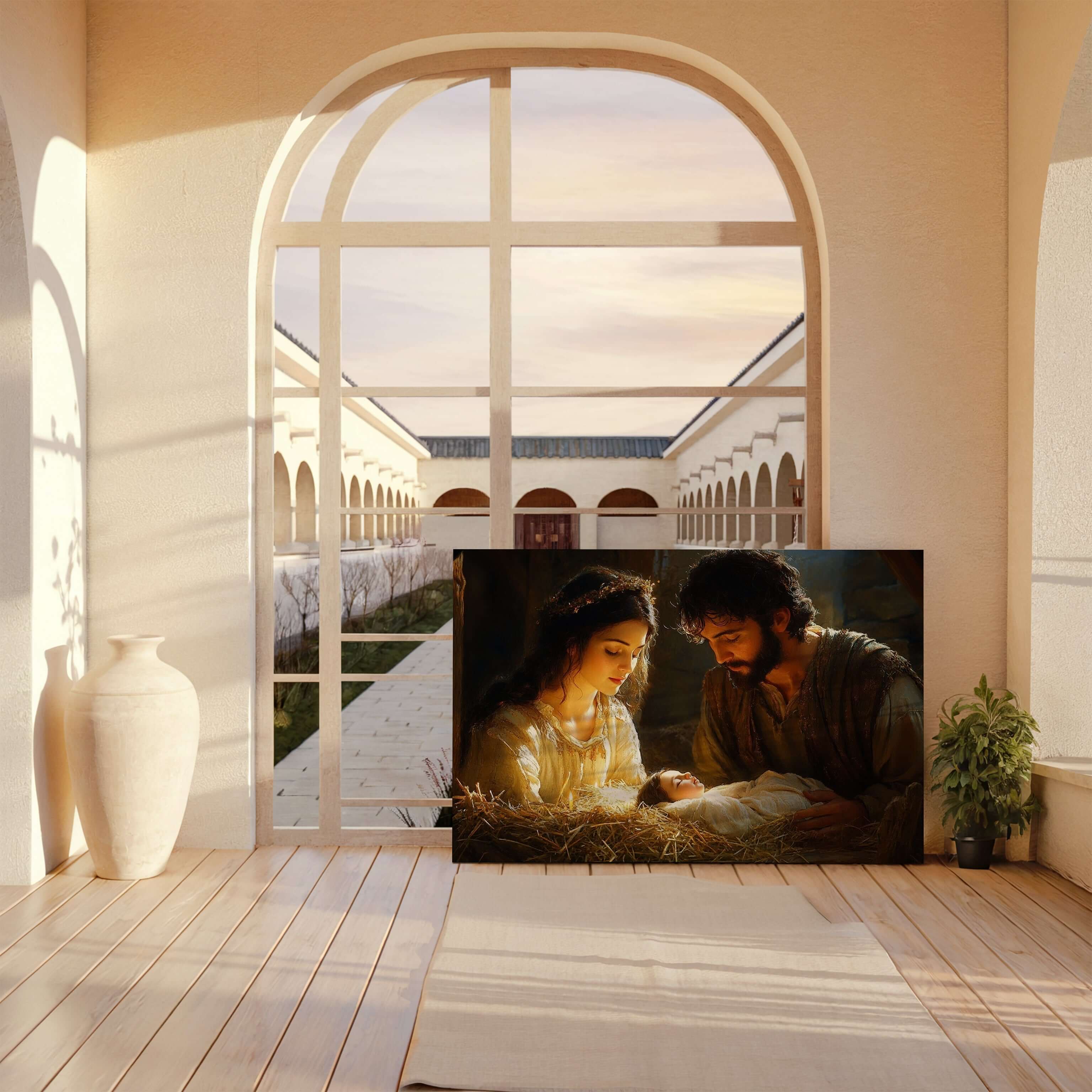 Obraz na stenu - Narodenie Krista zobrazuje Máriu a Jozefa s dieťaťom Ježišom v pokornom prostredí.