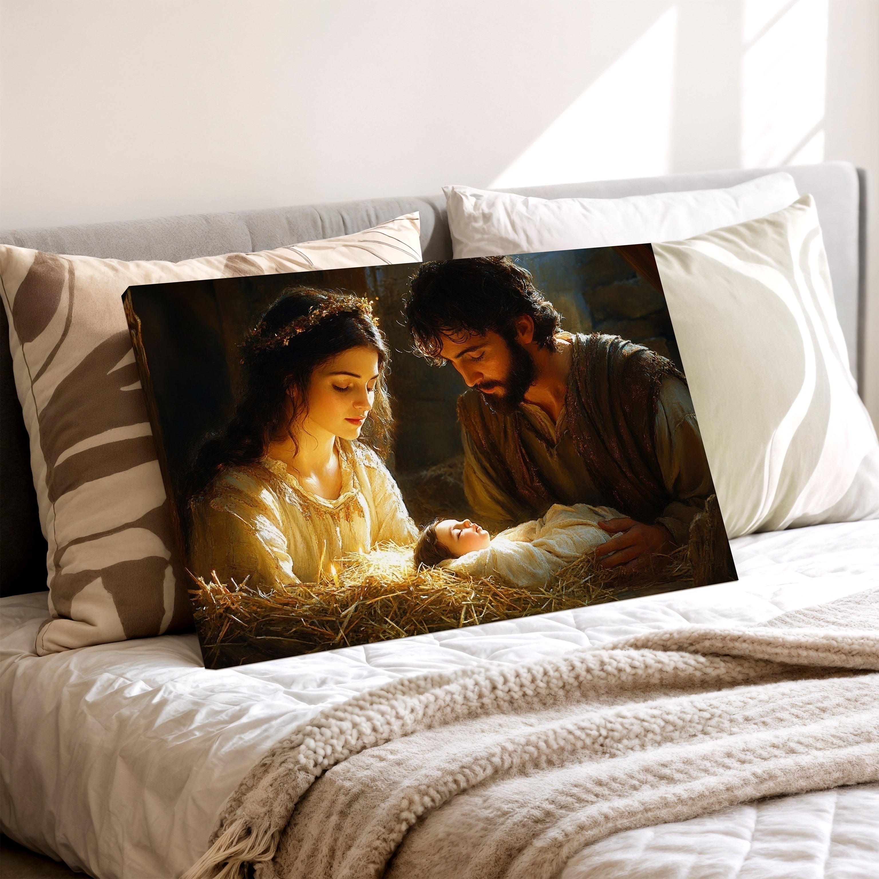 Obraz na stenu zobrazuje Narodenie Krista s Máriou, Jozefom a dieťaťom Ježišom v pokornom prostredí.