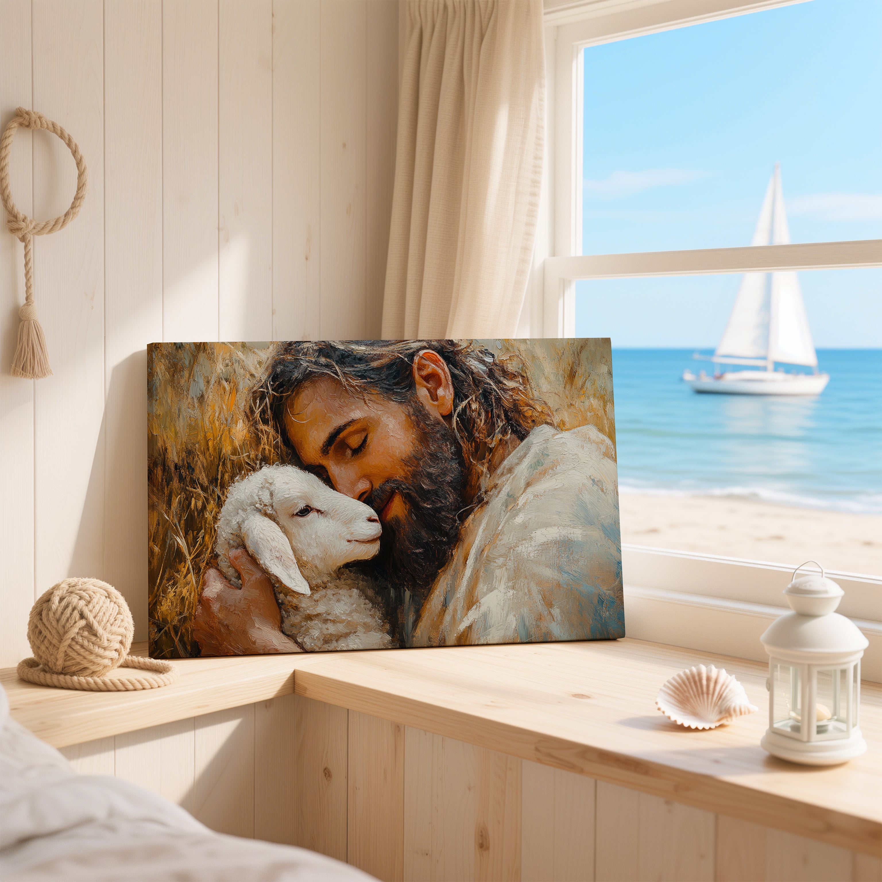 Obraz na stenu - Ježiš Kristus dobrý pastier, zobrazenie Ježiša s jahniatkom v krásnom prostredí.